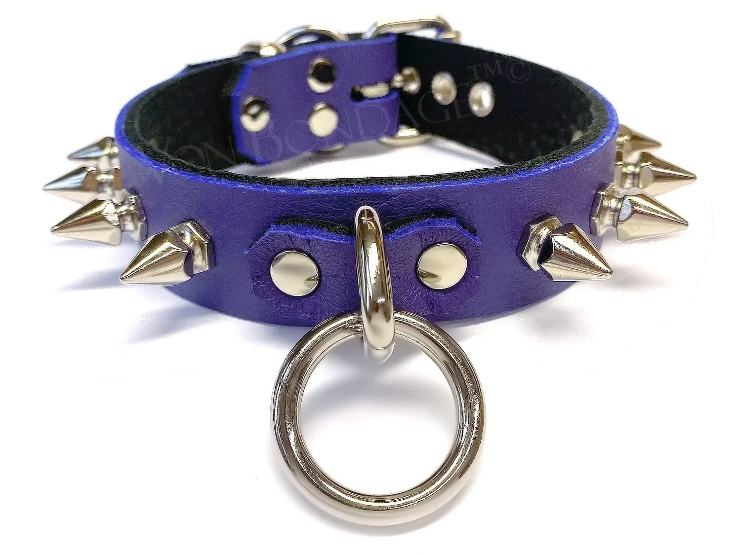 purple leather spiked collar with bondage ring