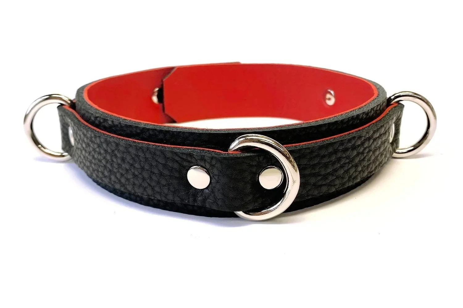 Black Bullhide Leather BDSM Collar lined in Red Lambskin with 3 D-rings