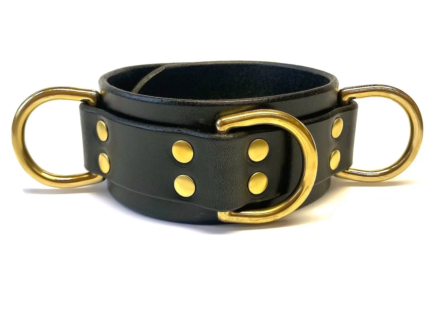 Leather Bondage Collar with Triple 1-1/4" Brass Dee Rings