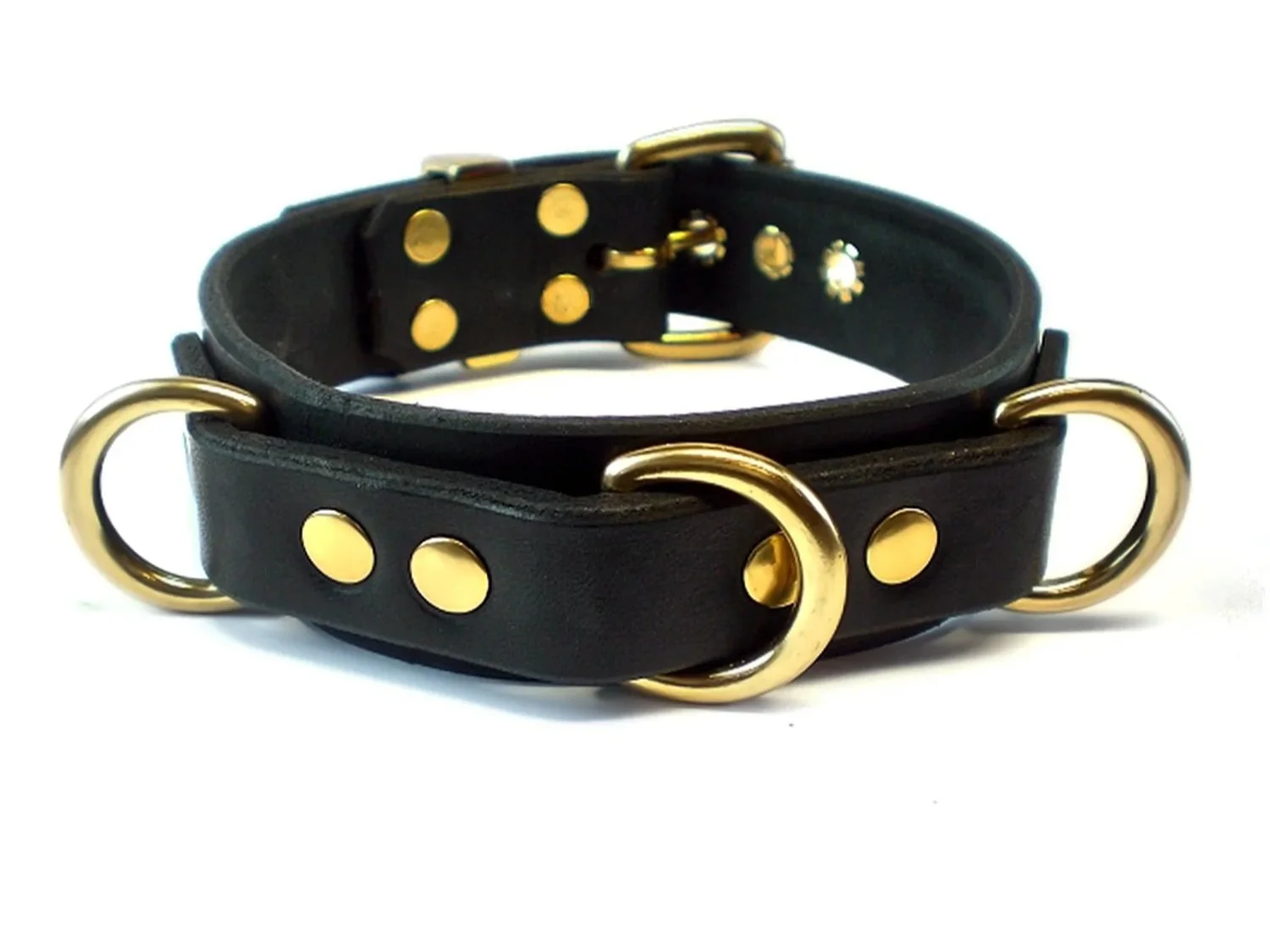 black leather bondage collar with 3 brass d-rings across the front