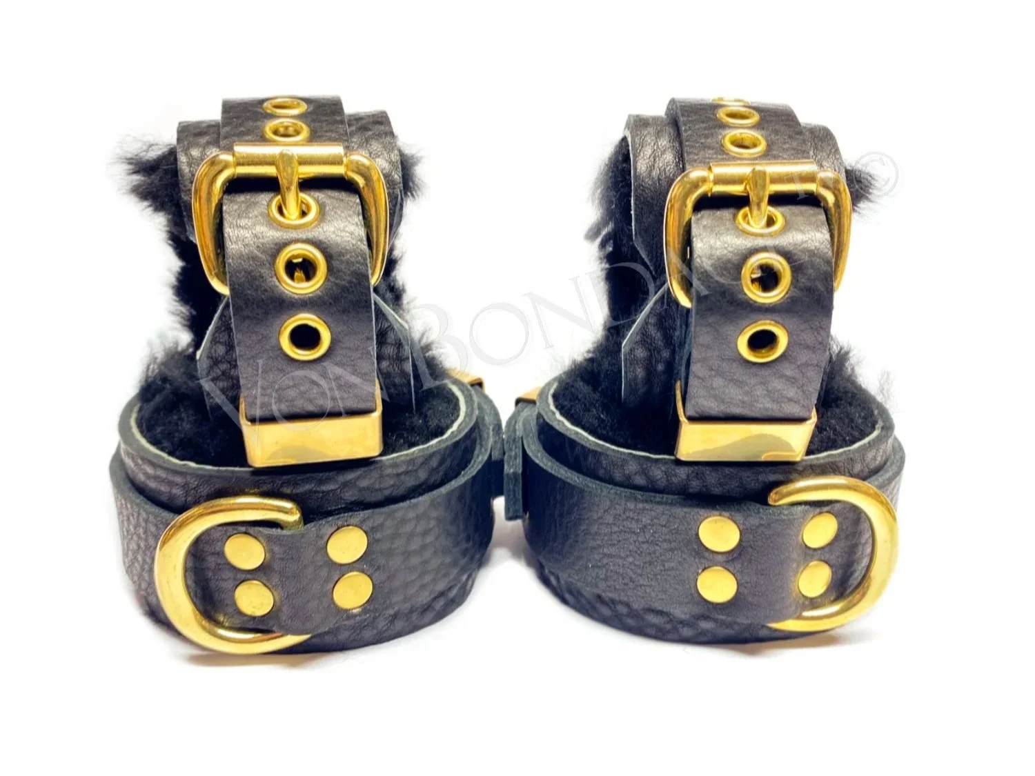 Black Wrist & Ankle Restraints Bondage Set lined in Black Sheepskin Fur