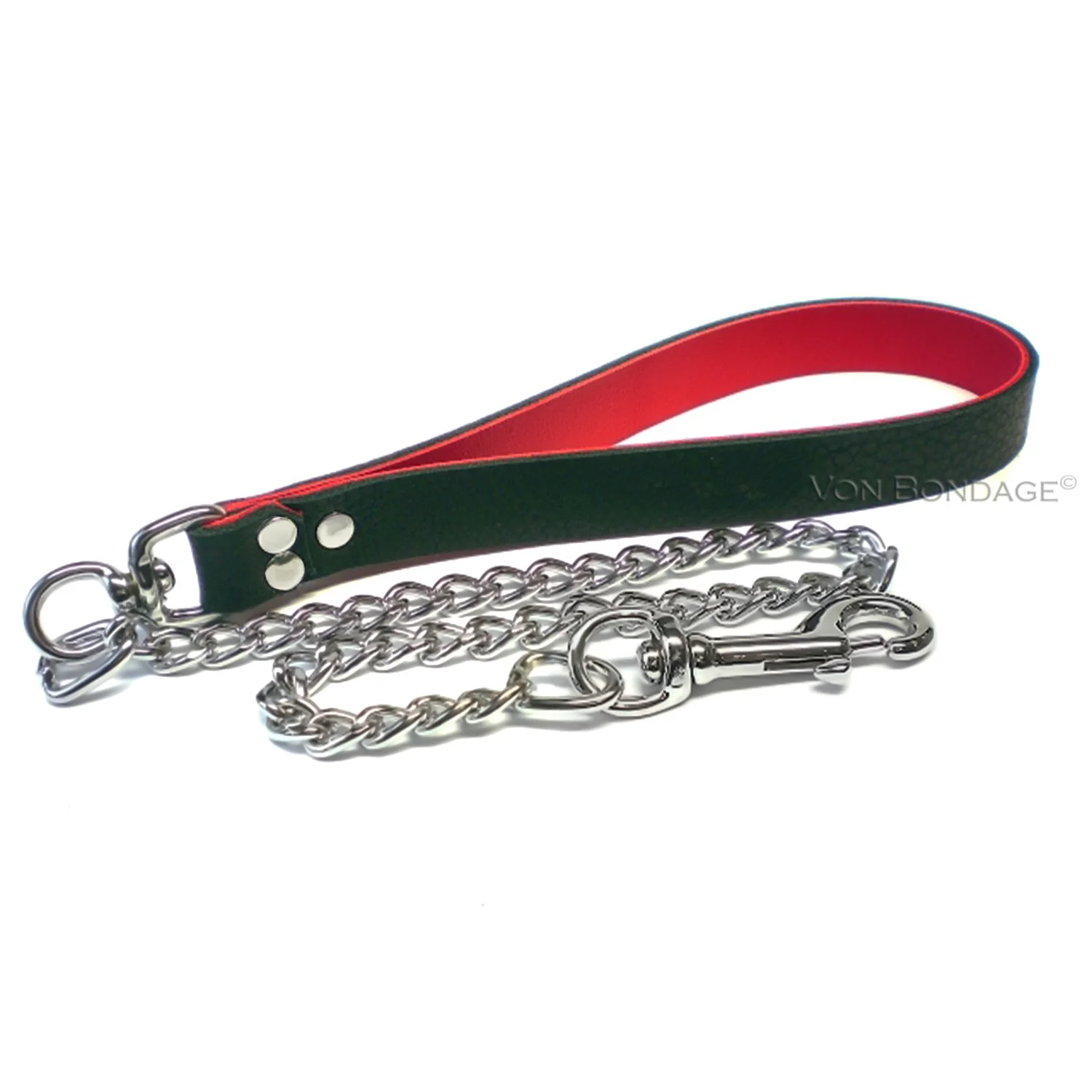 Black & Red leather Chrome Chain Leash w/Swivel for submissive slave