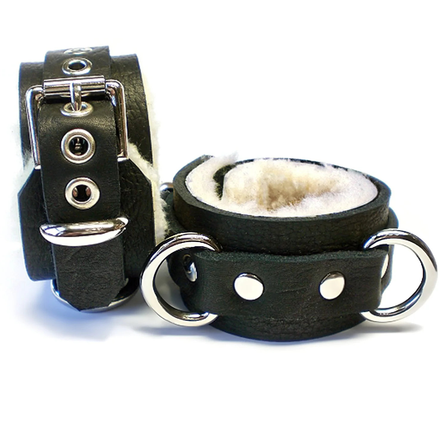Black Bullhide White Fur Restraints Double D-rings