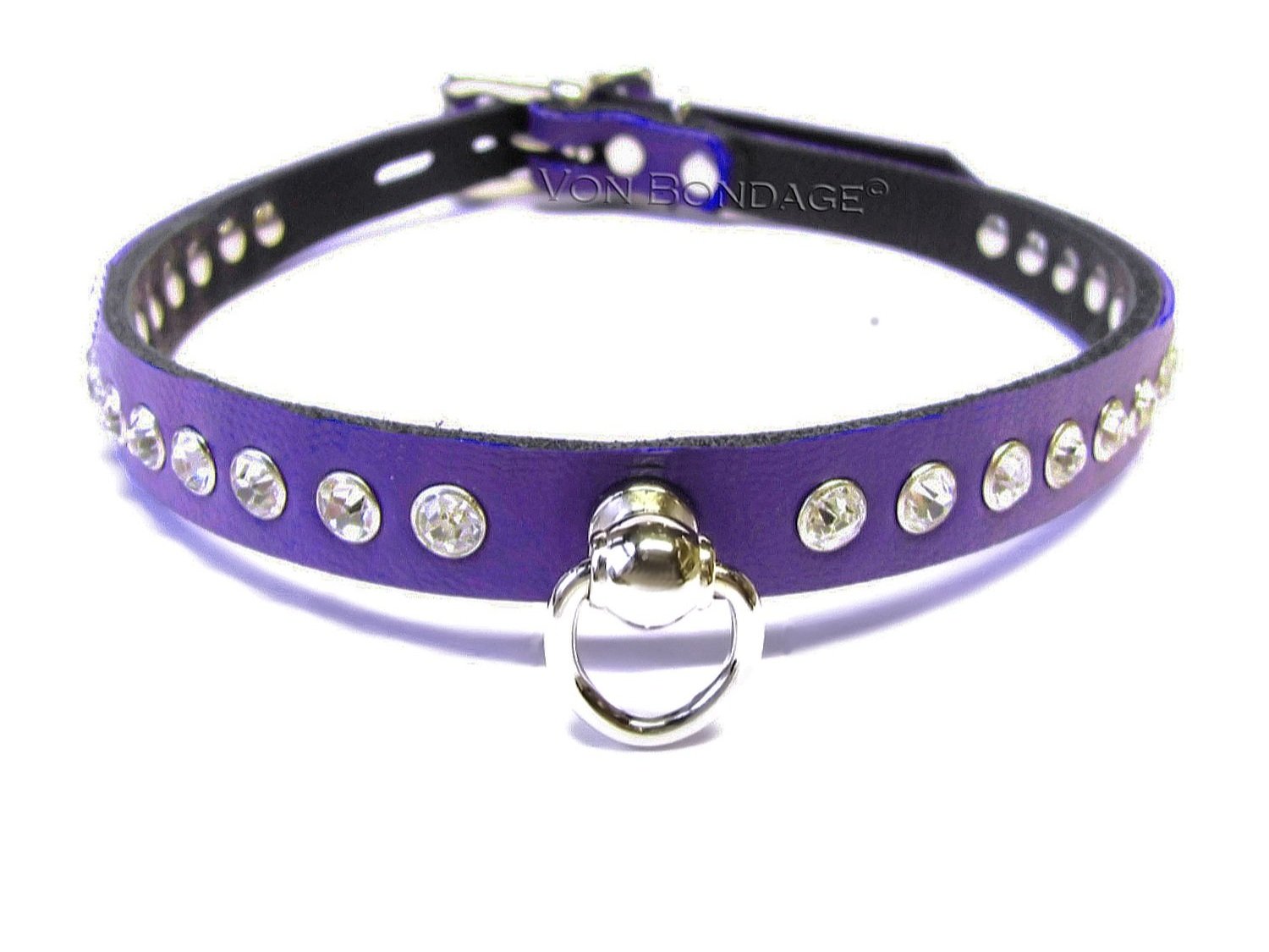 Discreet Purple BDSM Day Collar w/Stud Ring and Crystals