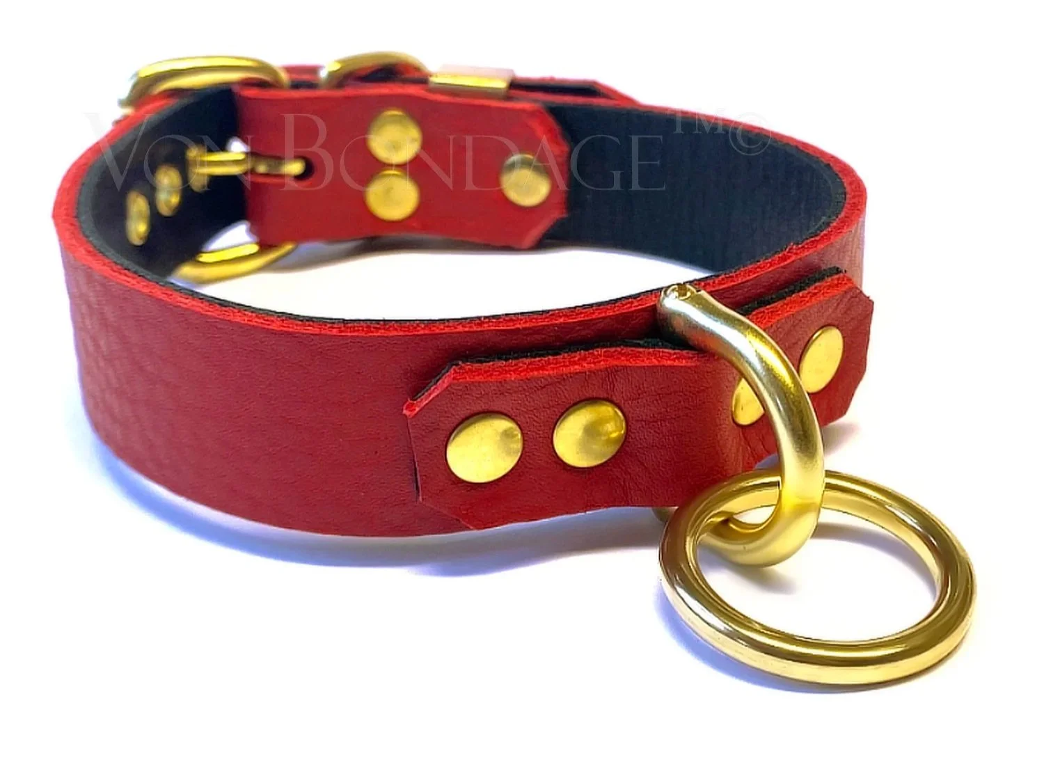 Red Leather & Brass BDSM Collar with Bondage Ring