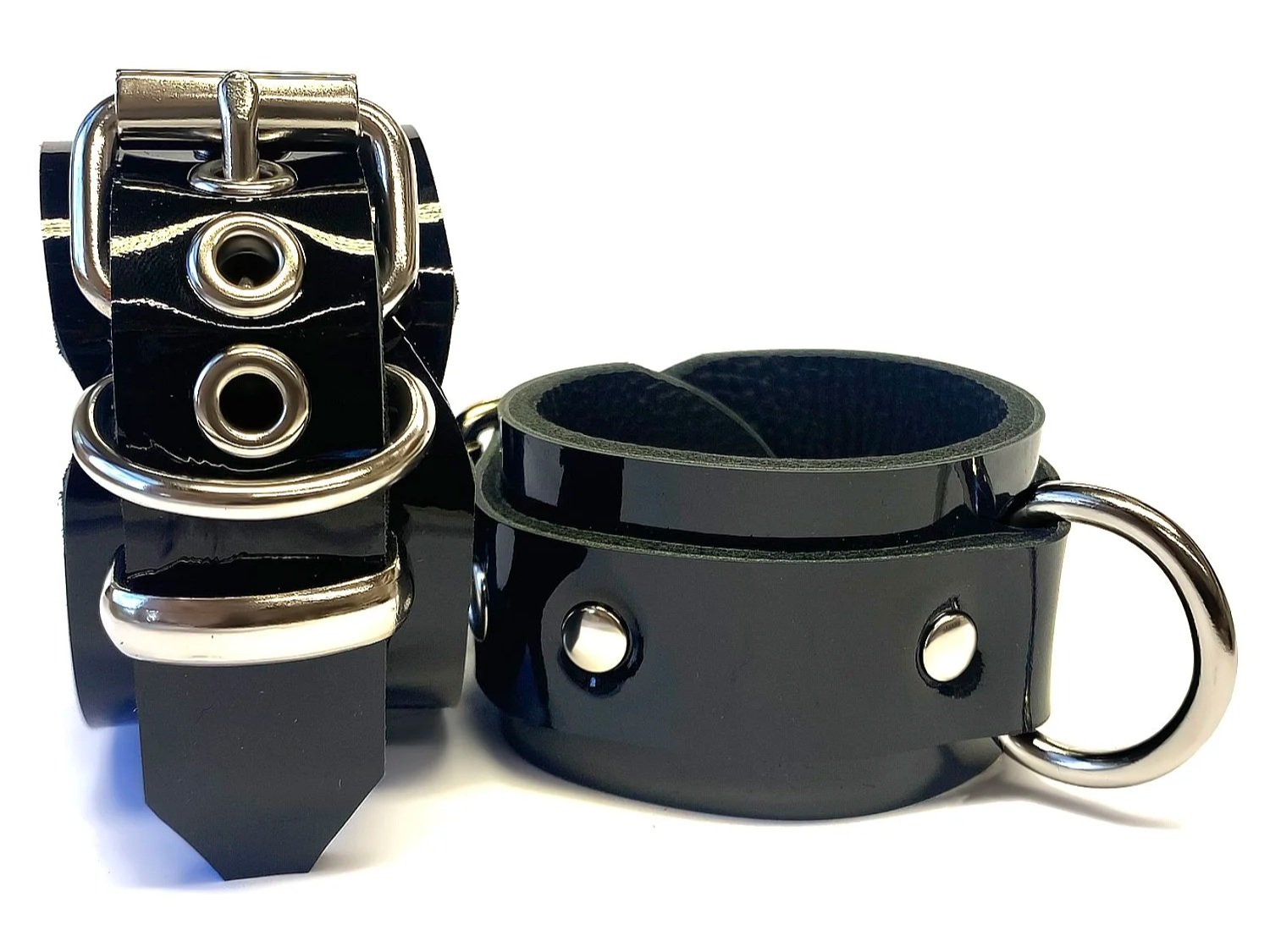 Pair of Black Patent Leather Bondage Cuffs with D-rings