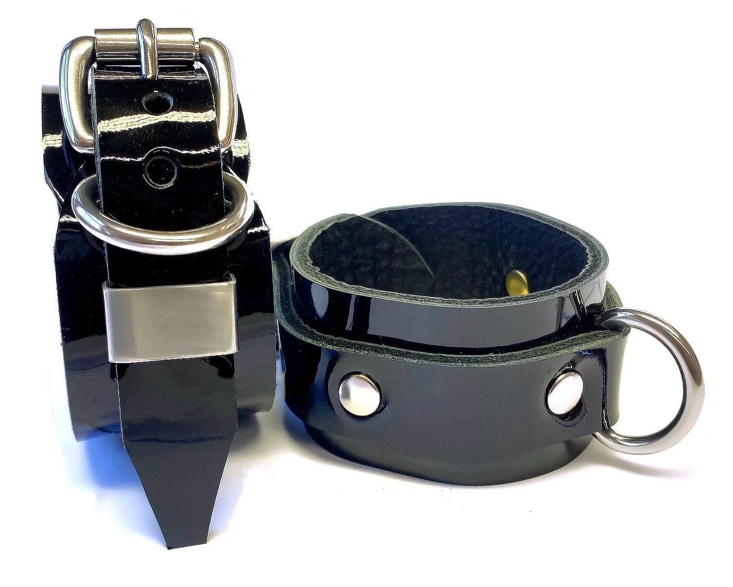 Black Patent Leather Restraints with stainless steel dee rings