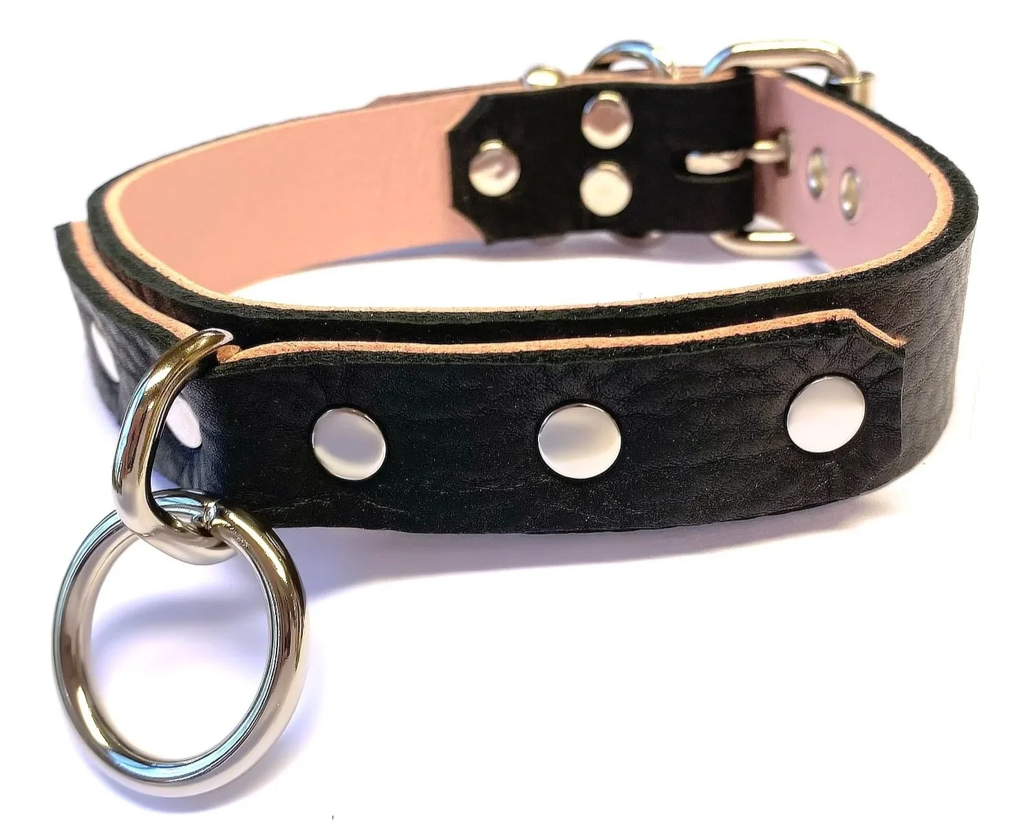 black and pink leather bdsm collar with bondage ring in front