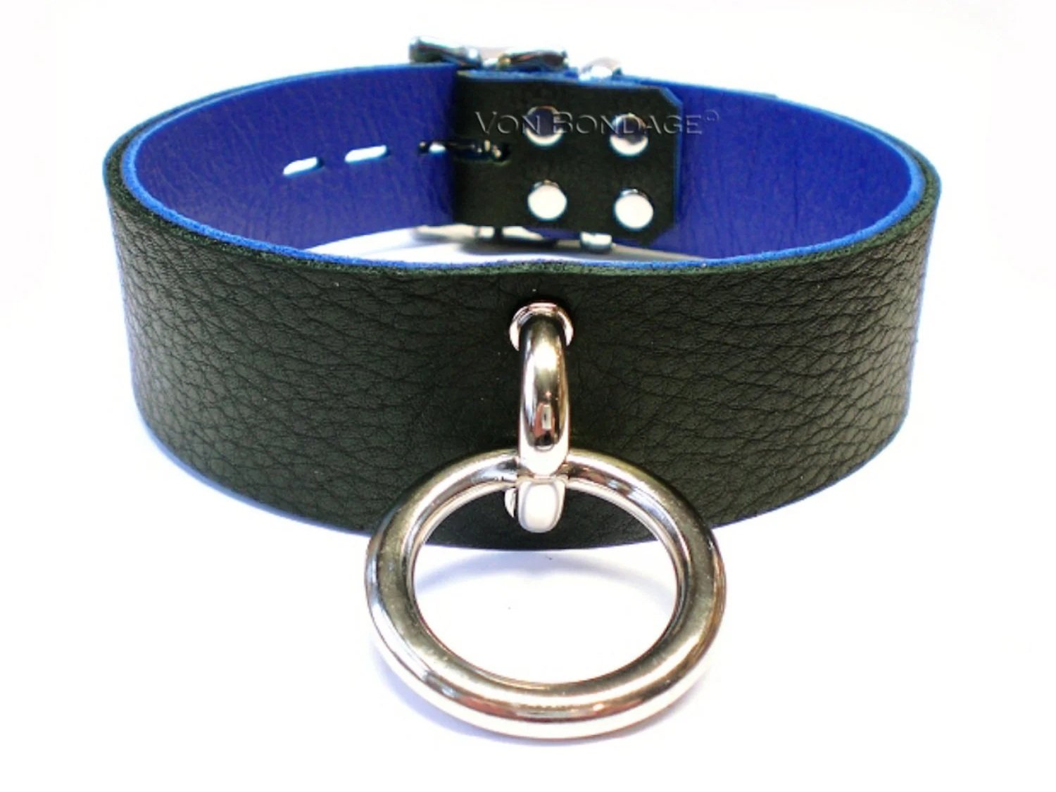 Black & Blue Leather BDSM Collar with Handle Loop and  Ring