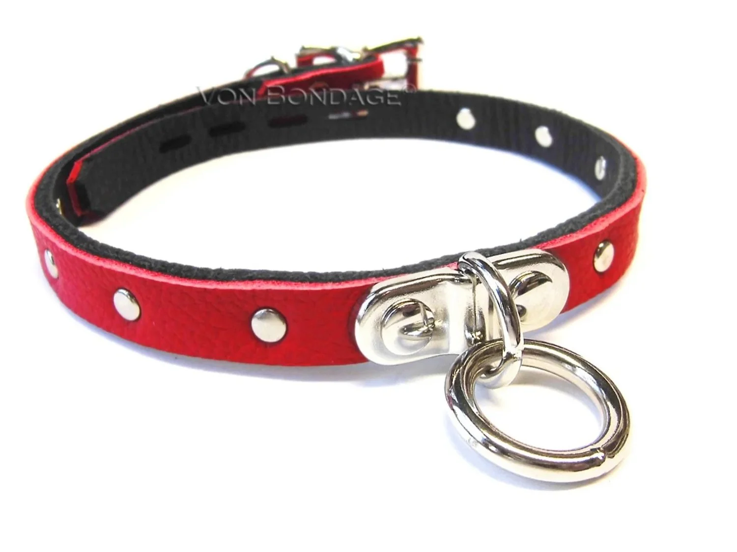 Discreet BDSM Day Collar with Plated Ring & Rivet Studs in red leather