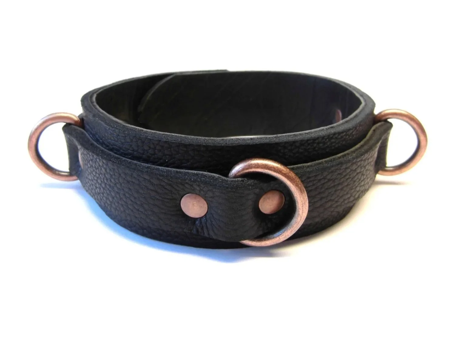 Black Bullhide Bison slave Collar with 3 Copper Dee Rings