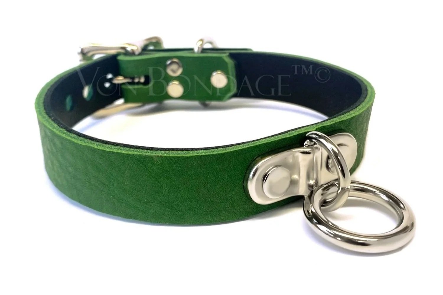Green Leather BDSM Collar with Plated Ring