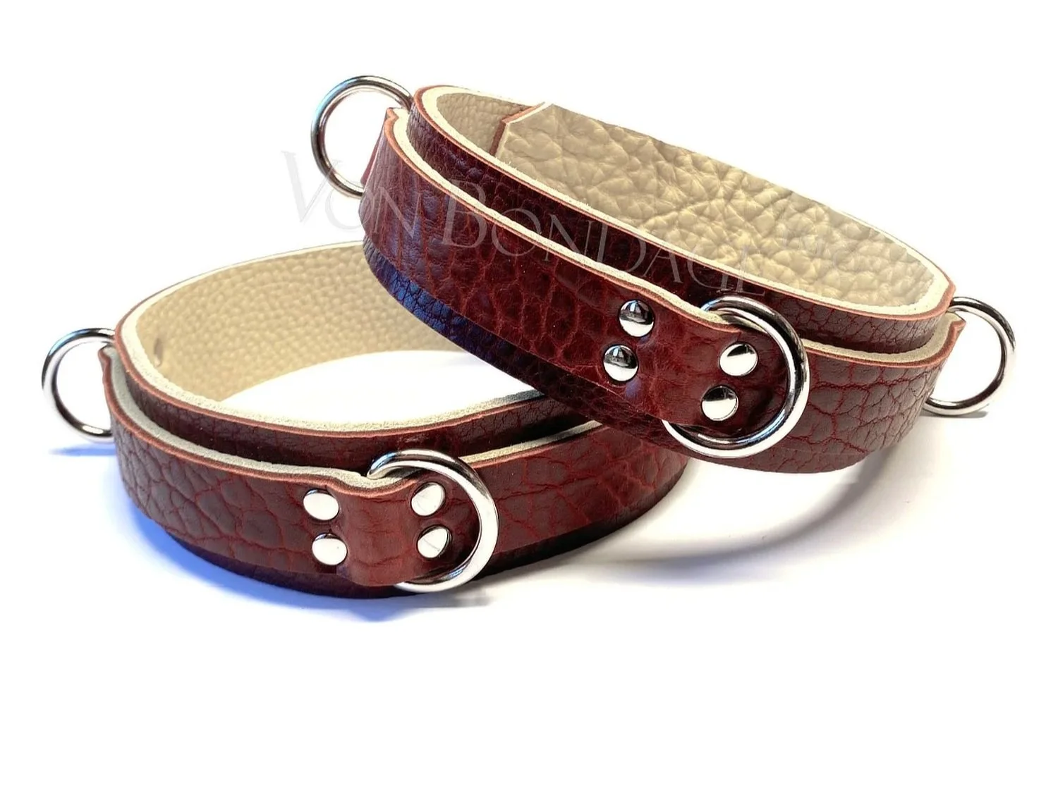 Brown Bison Leather Thigh Cuffs with 3 D-rings per cuff