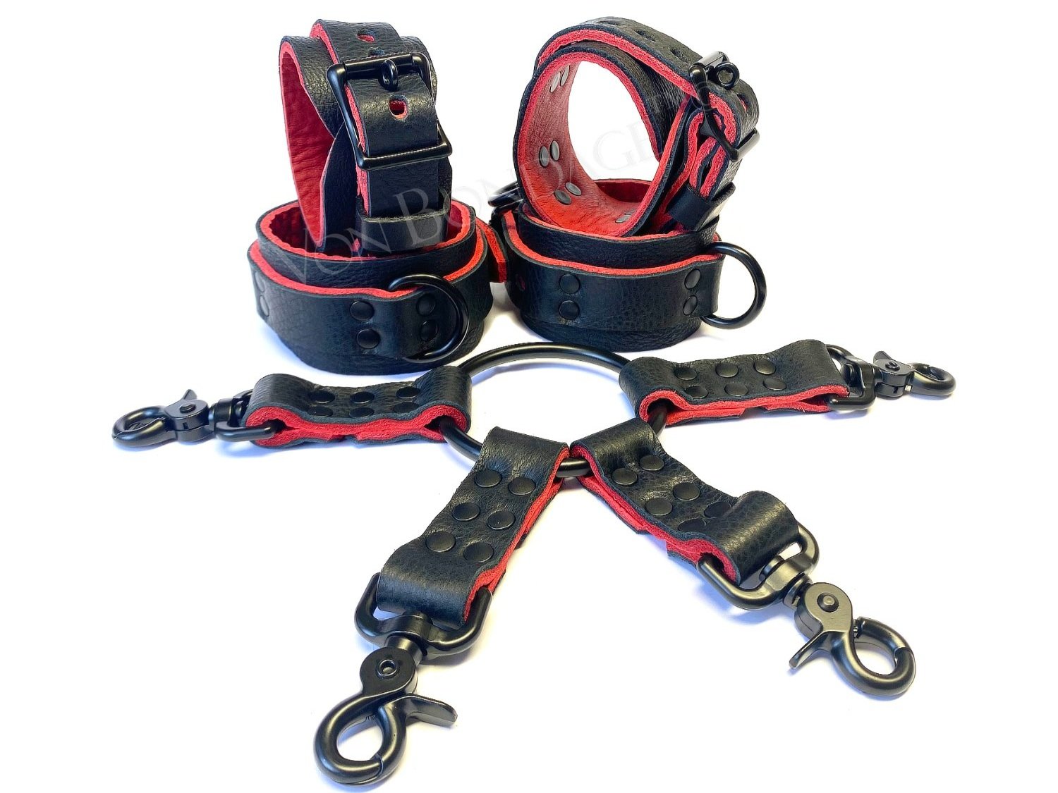 Bison Leather BDSM Restraints Set with Hogtie in Black hardware