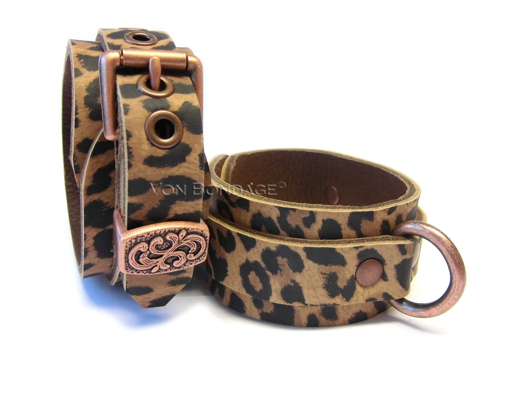 leopard print bdsm cuffs with copper d-rings (Copy)