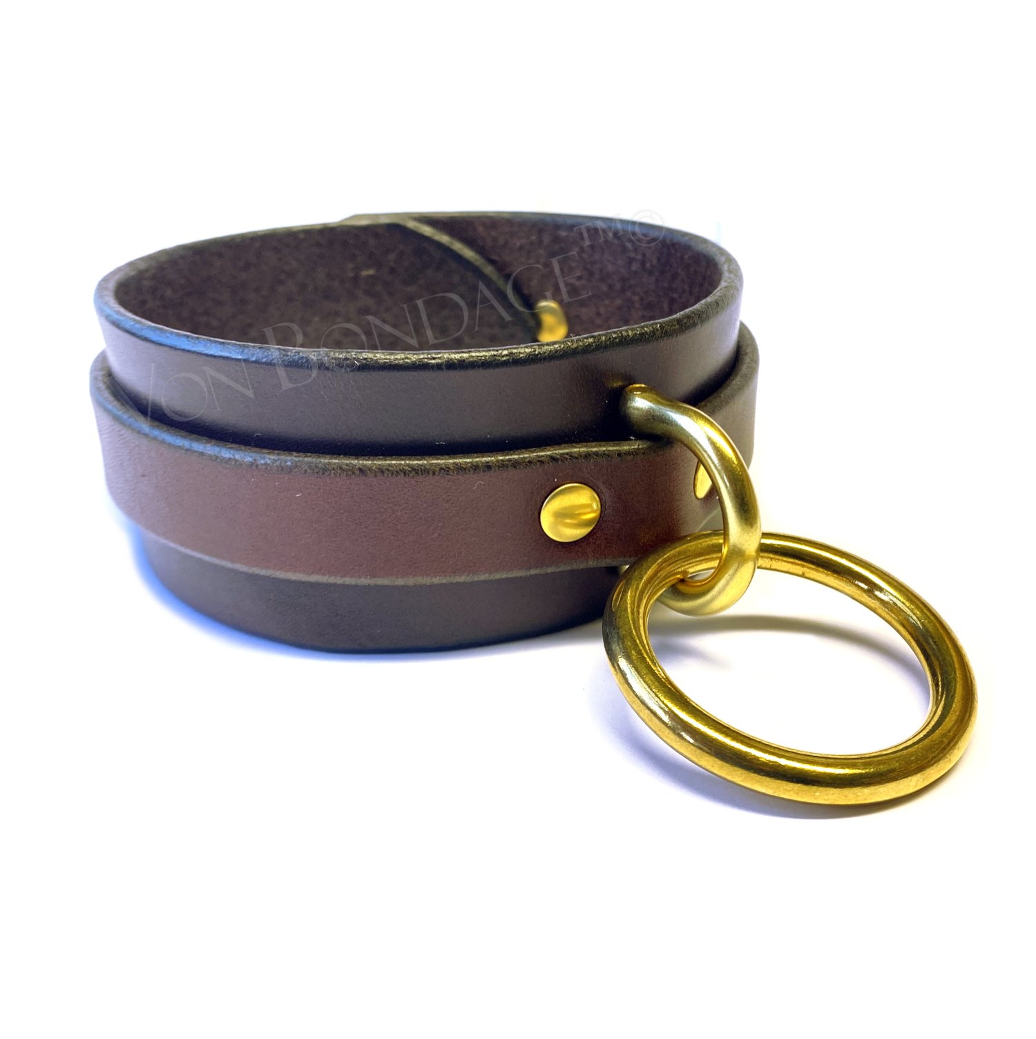 Brown Leather BDSM Collar with D-ring Large Brass O-ring