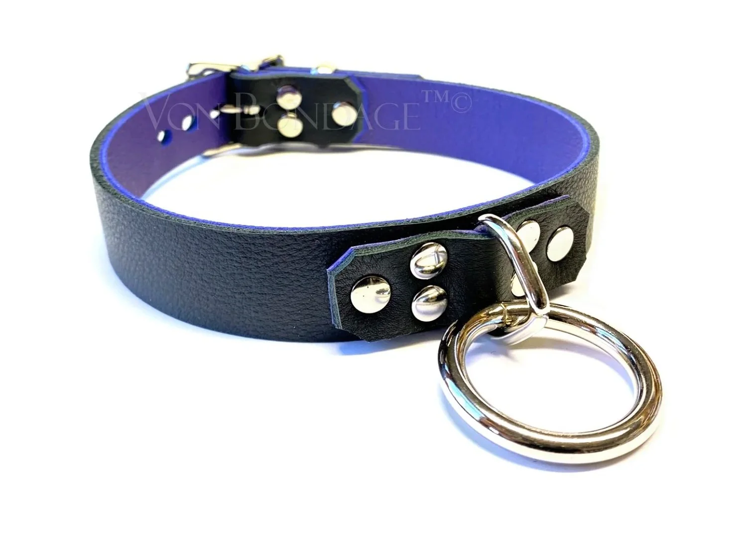 Black & Purple Leather BDSM Collar with Strong Bondage Ring