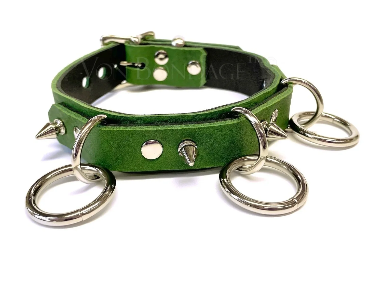 BDSM Collar in Green Leather with 3 O Rings and spikes across the front