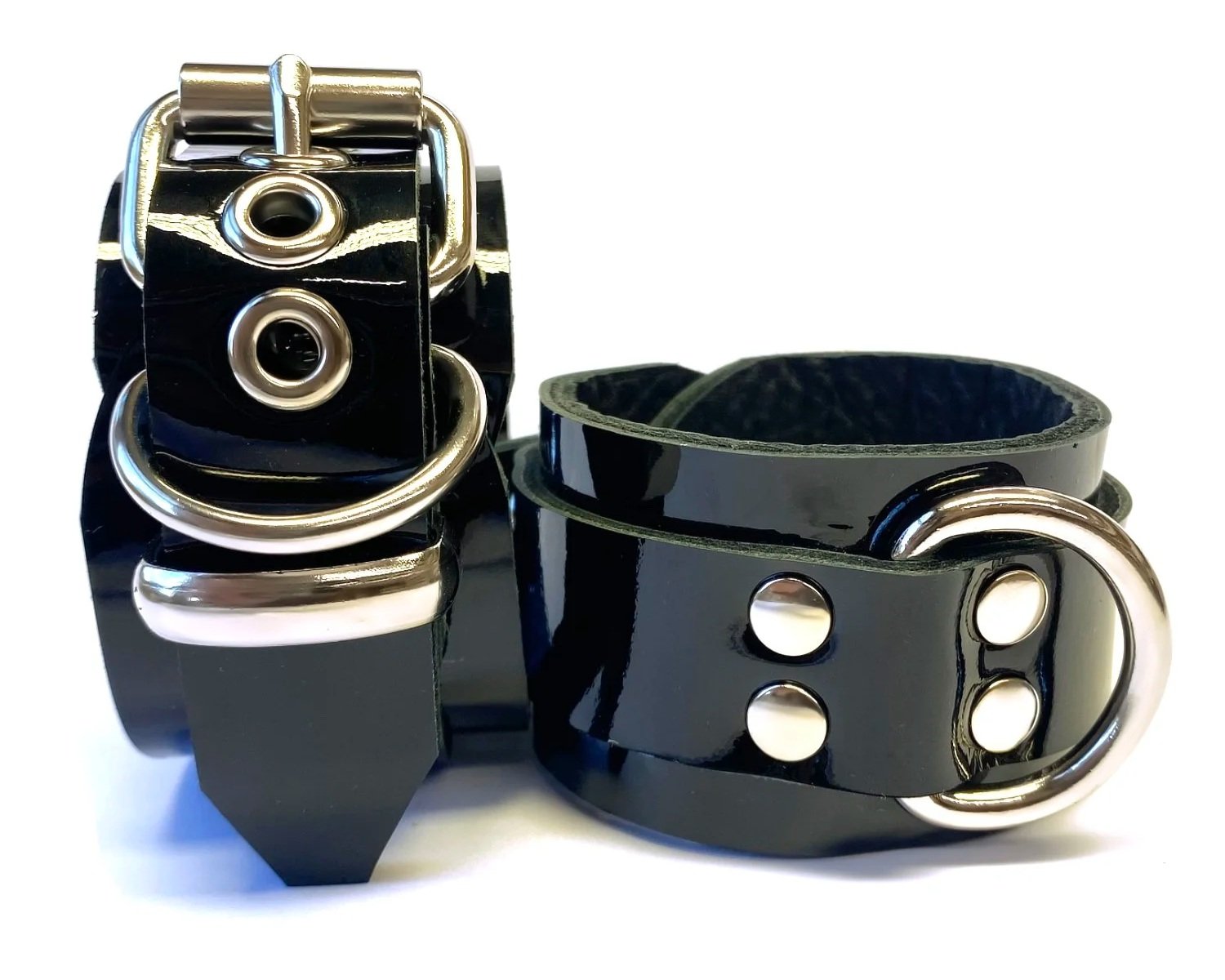 Black Patent Leather BDSM Cuffs with Dee Rings and double-stacked rivets