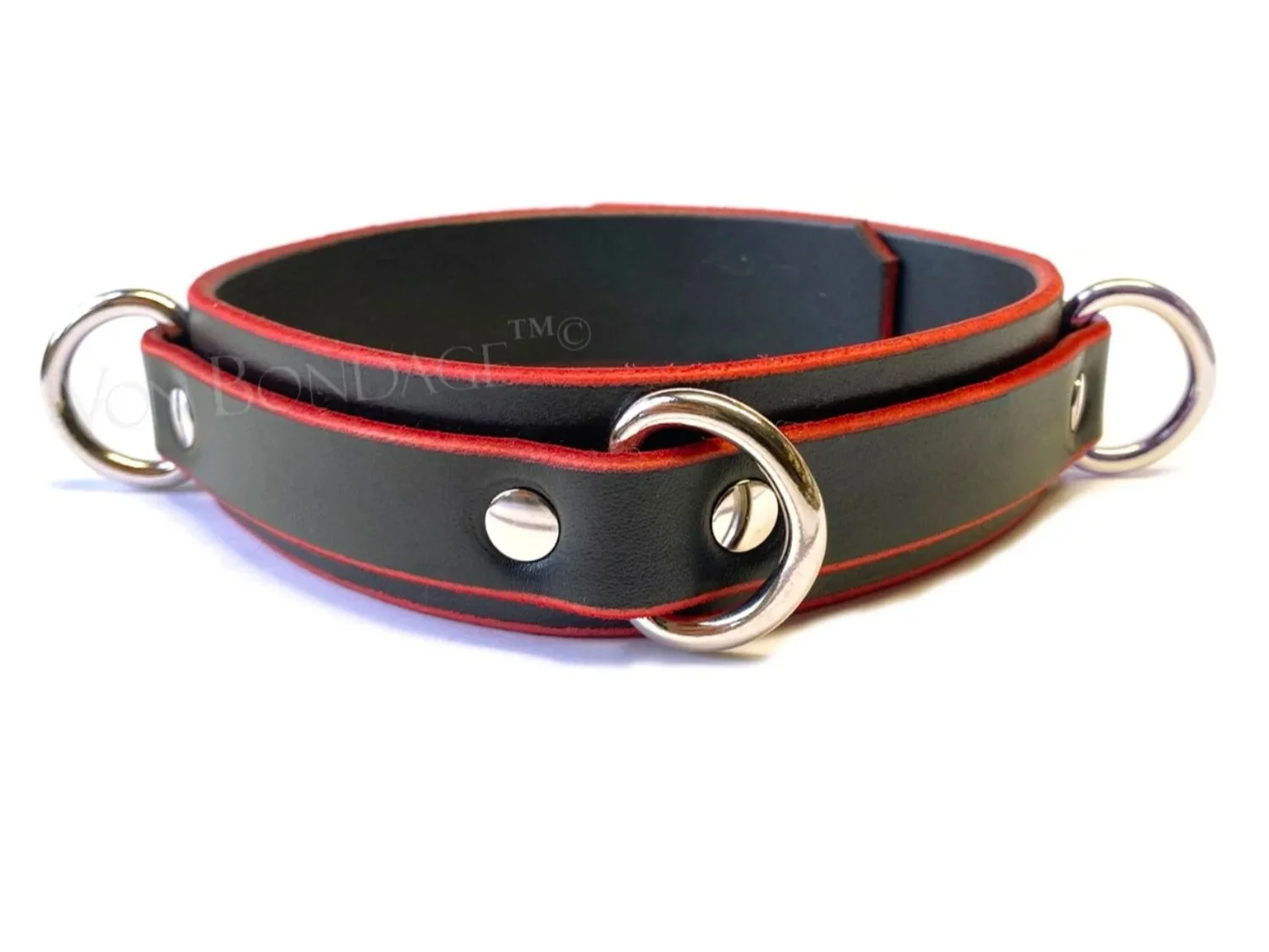 Black Leather slave Collar with Red Edges and 3 d-rings