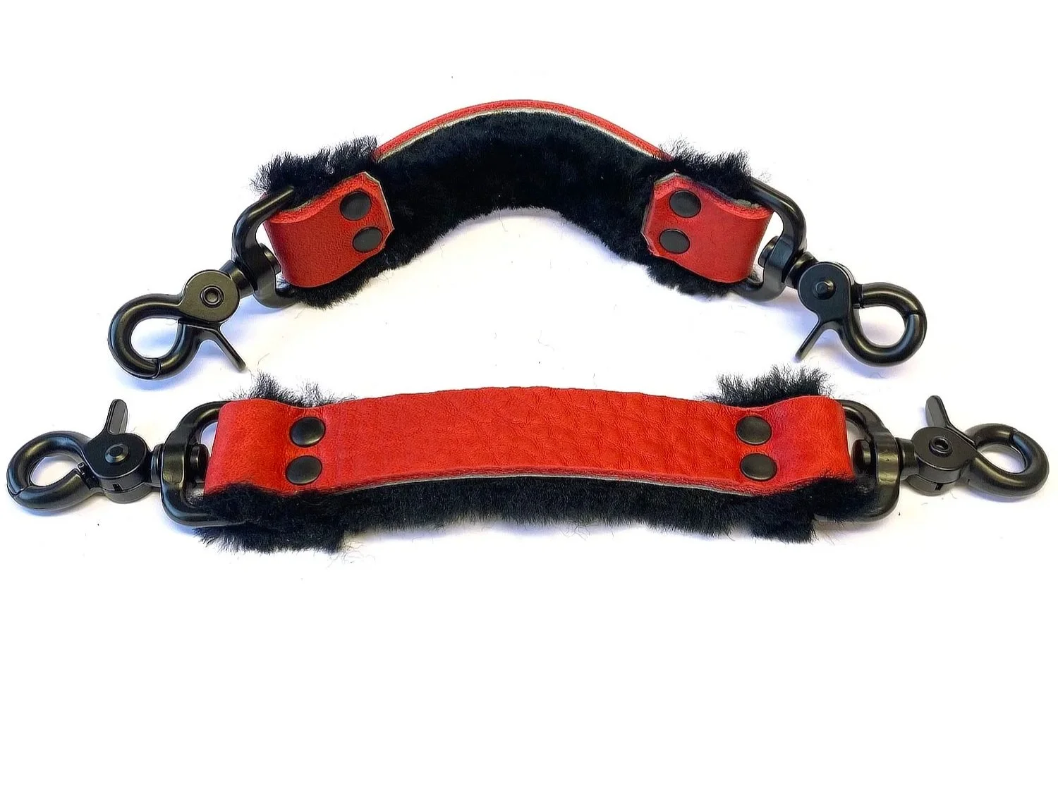 Pair of Red Bullhide Black Sheepskin Fur BDSM Straps with Scissor Clips.jpg