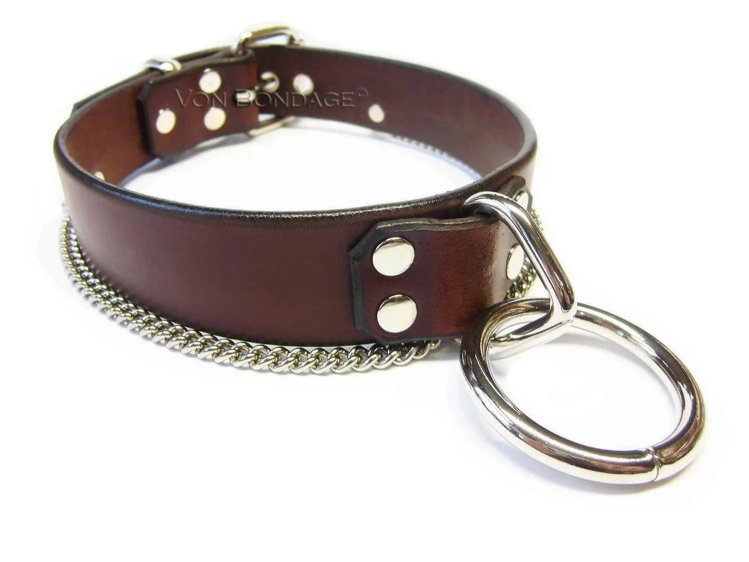 Brown Leather BDSM Collar with Large Bondage Ring and Chain