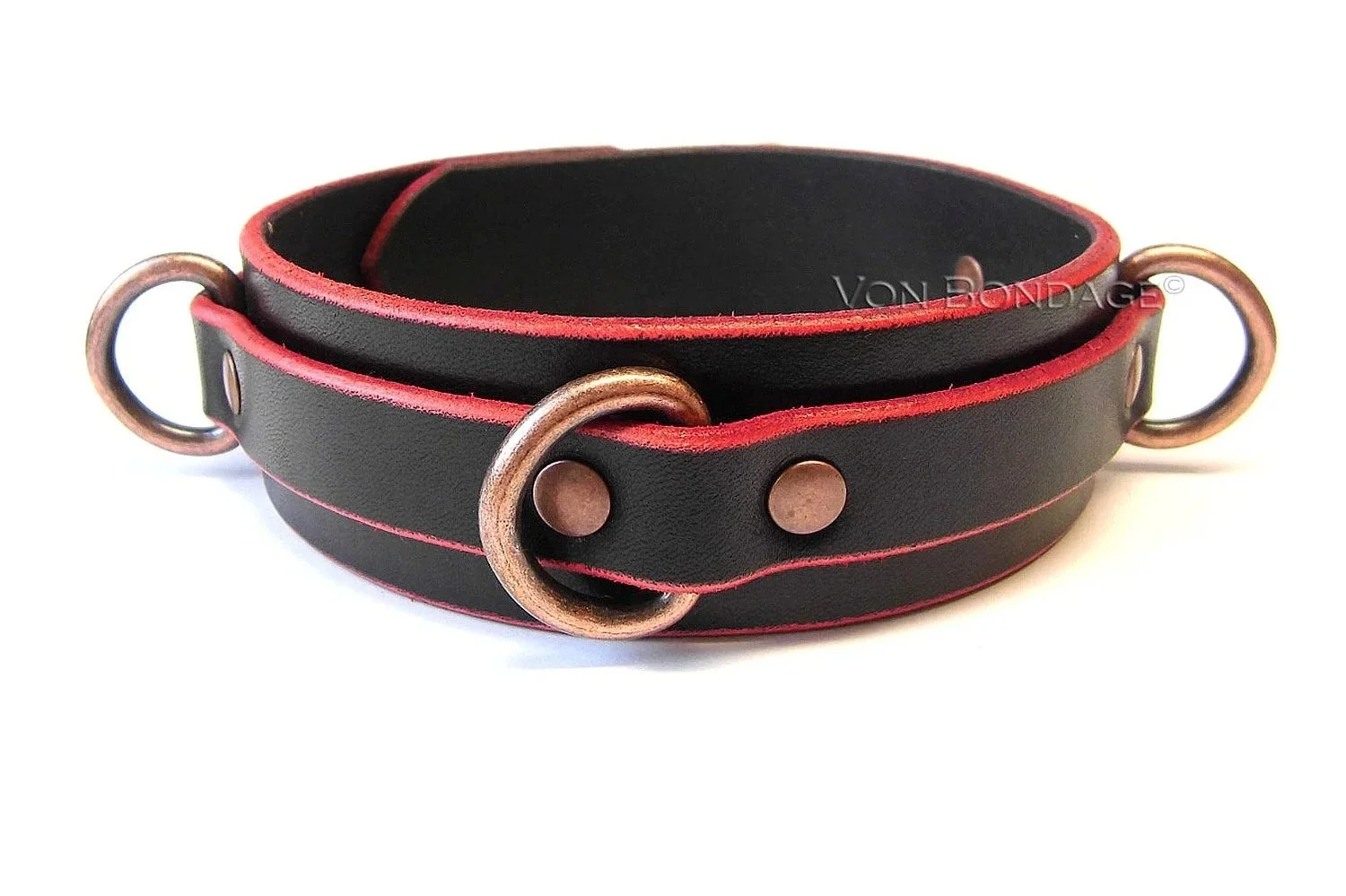 black leather bdsm collar with red edges with 3 copper d-rings