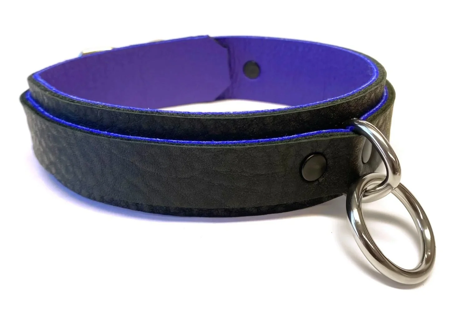 Black & Purple Leather slave Collar with Stainless Steel Bondage Ring black rivets