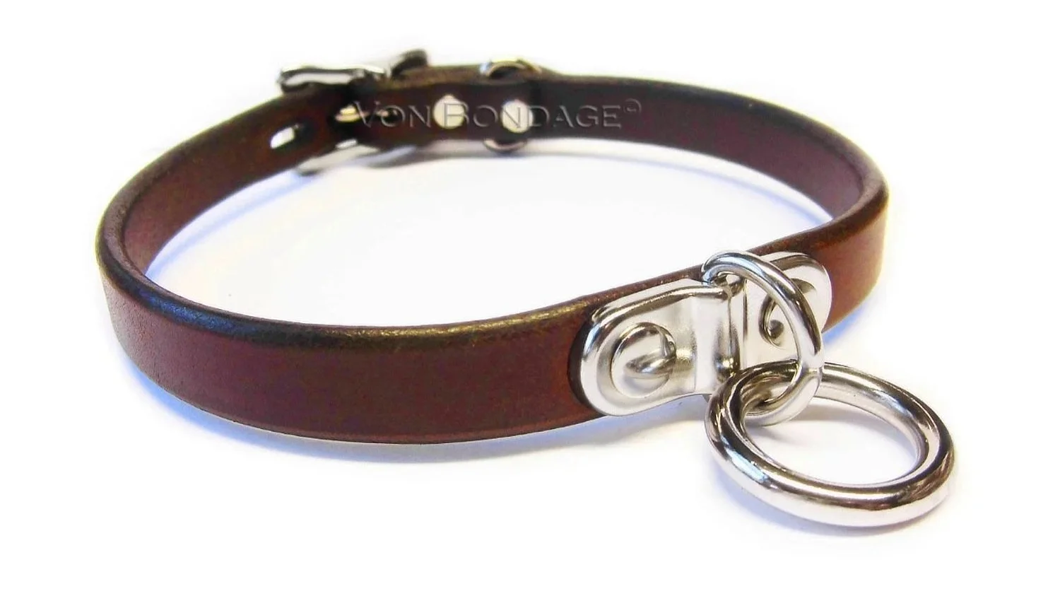 Discreet BDSM Day Collar with Plated Ring in brown leather