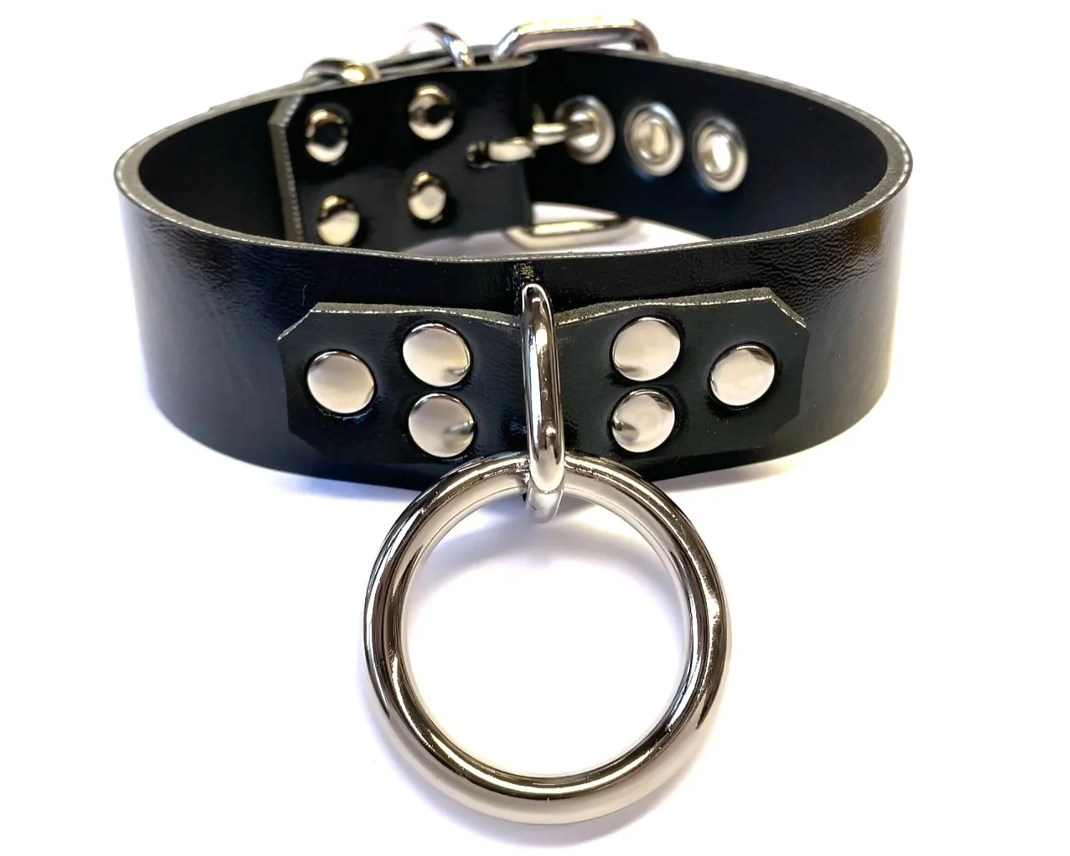 Black Vinyl Faux Leather Bondage Collar with D&O Ring 6 rivet strap