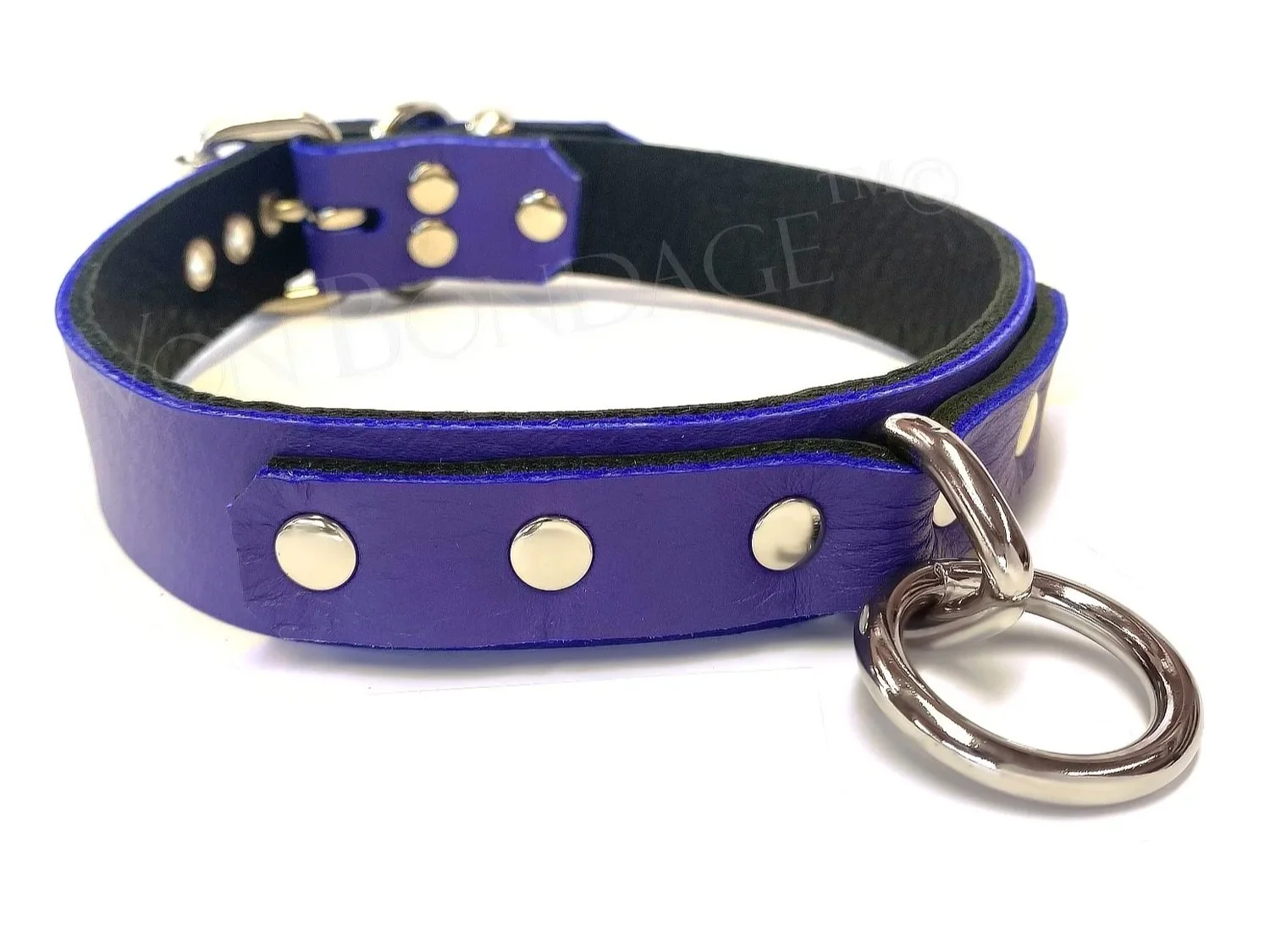 purple leather bdsm collar with a bondage ring in front on a long strap
