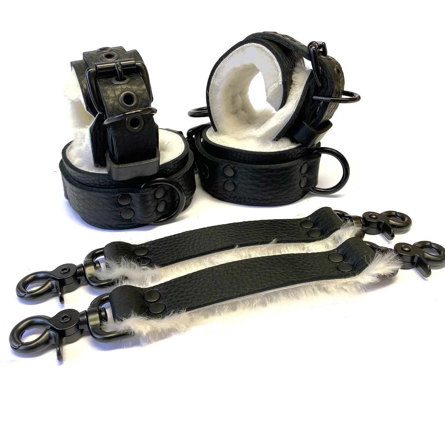 White Sheepskin BDSM Restraints Set with Black D-rings &amp; Straps