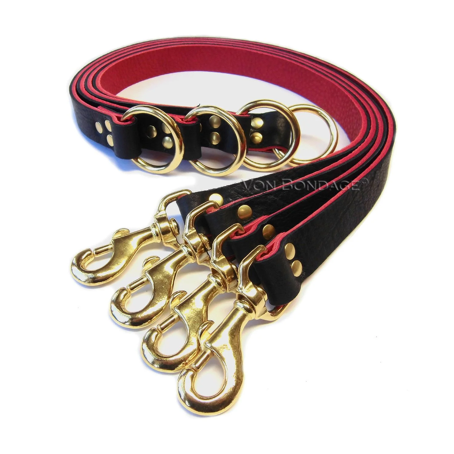 Bison & Red Leather Bed Restraints in Solid Brass Hardware