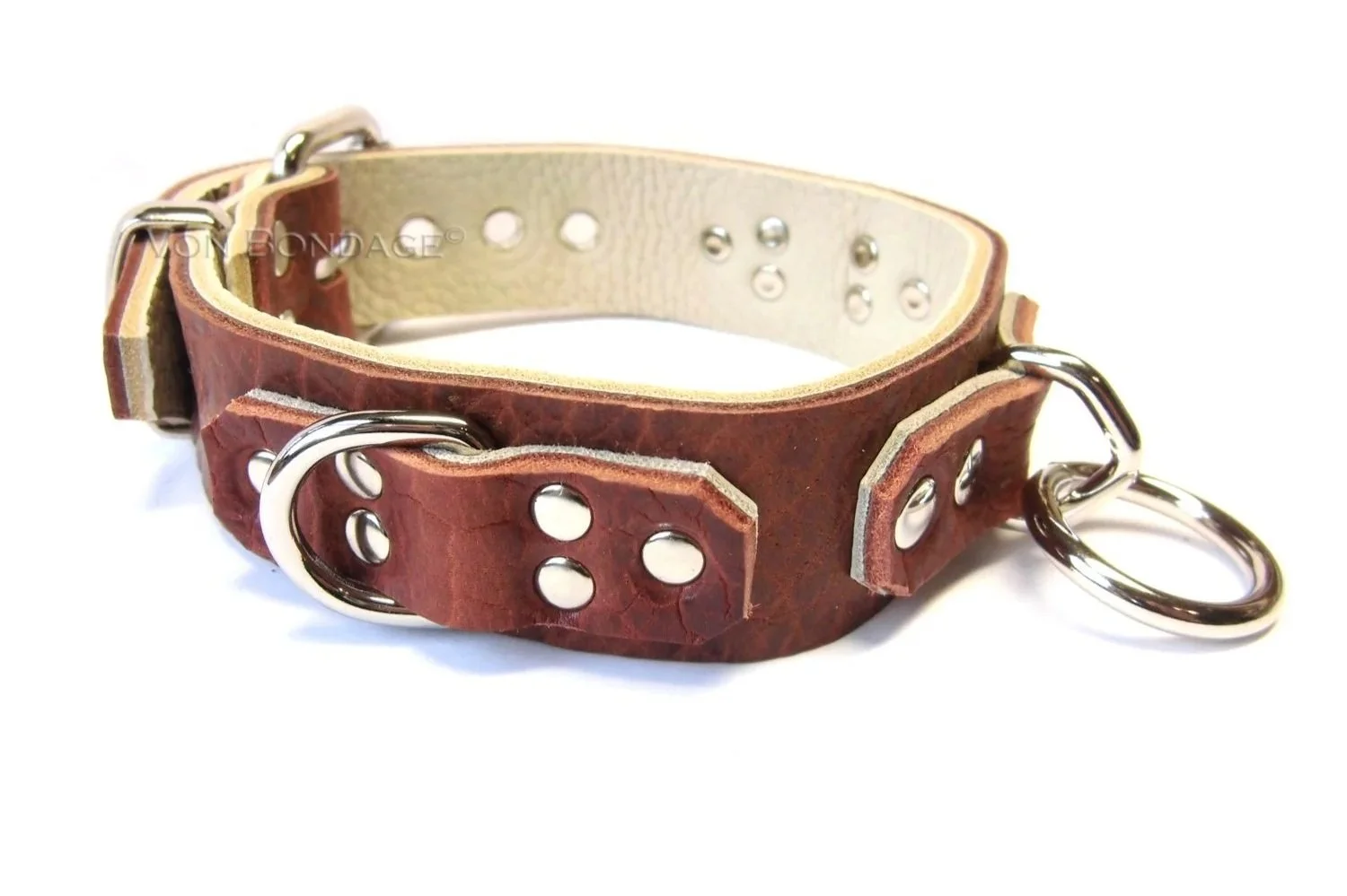 Brown Bison Leather BDSM Collar with Bondage Ring and D-rings
