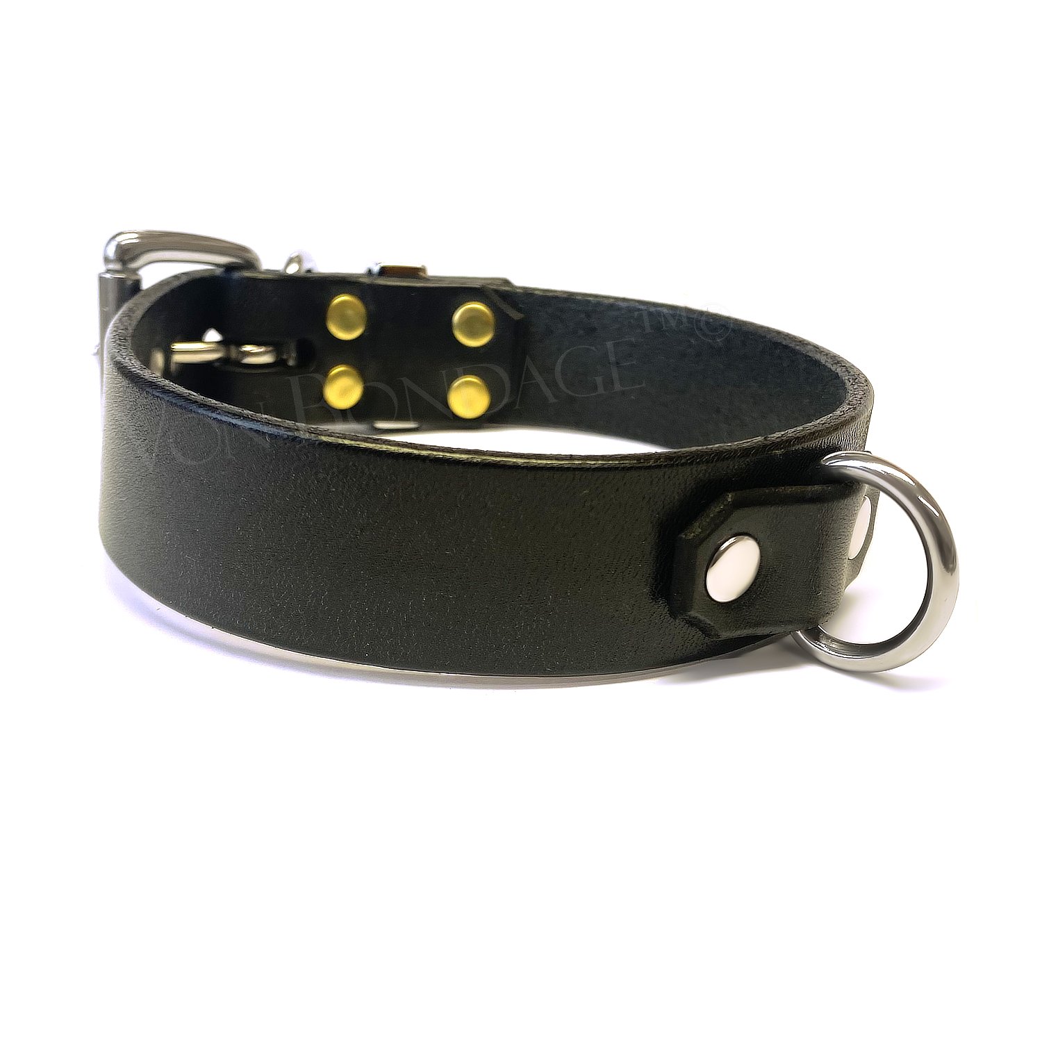 Leather bondage collar in stainless steel hardware with d-ring in front
