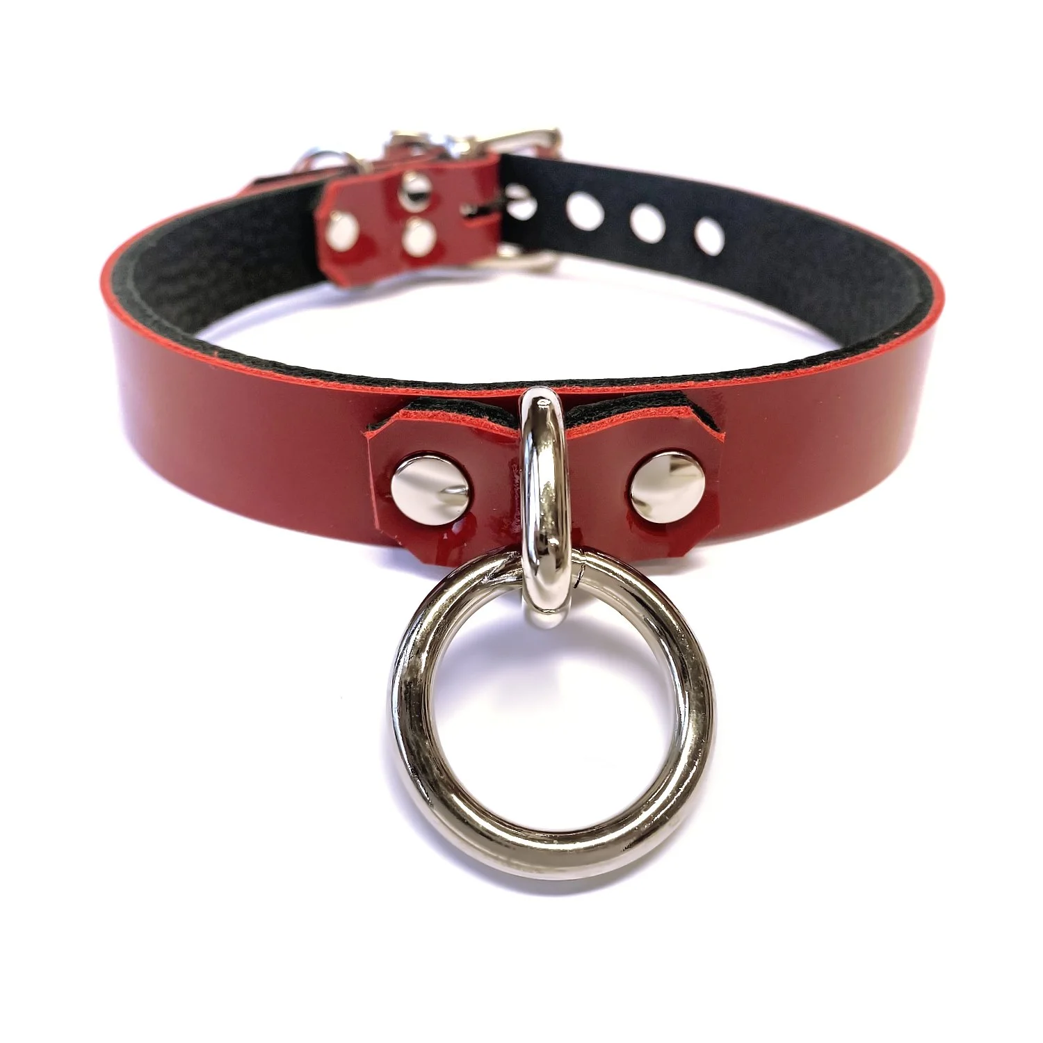 Red Patent Leather BDSM Collar with Bondage Ring