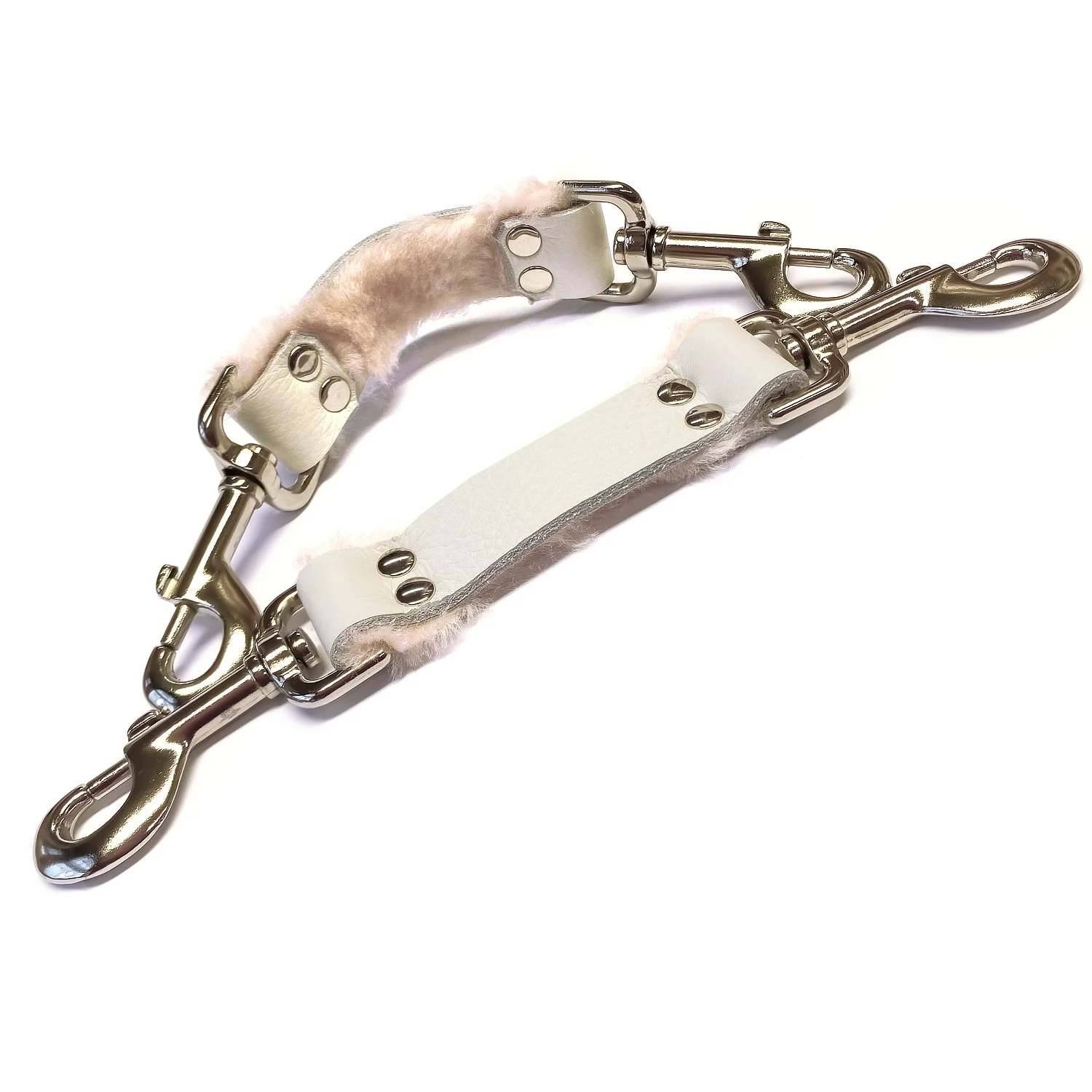 Pair of White Leather Bondage Straps lined in Pink Fur with Bolt Snaps.jpg