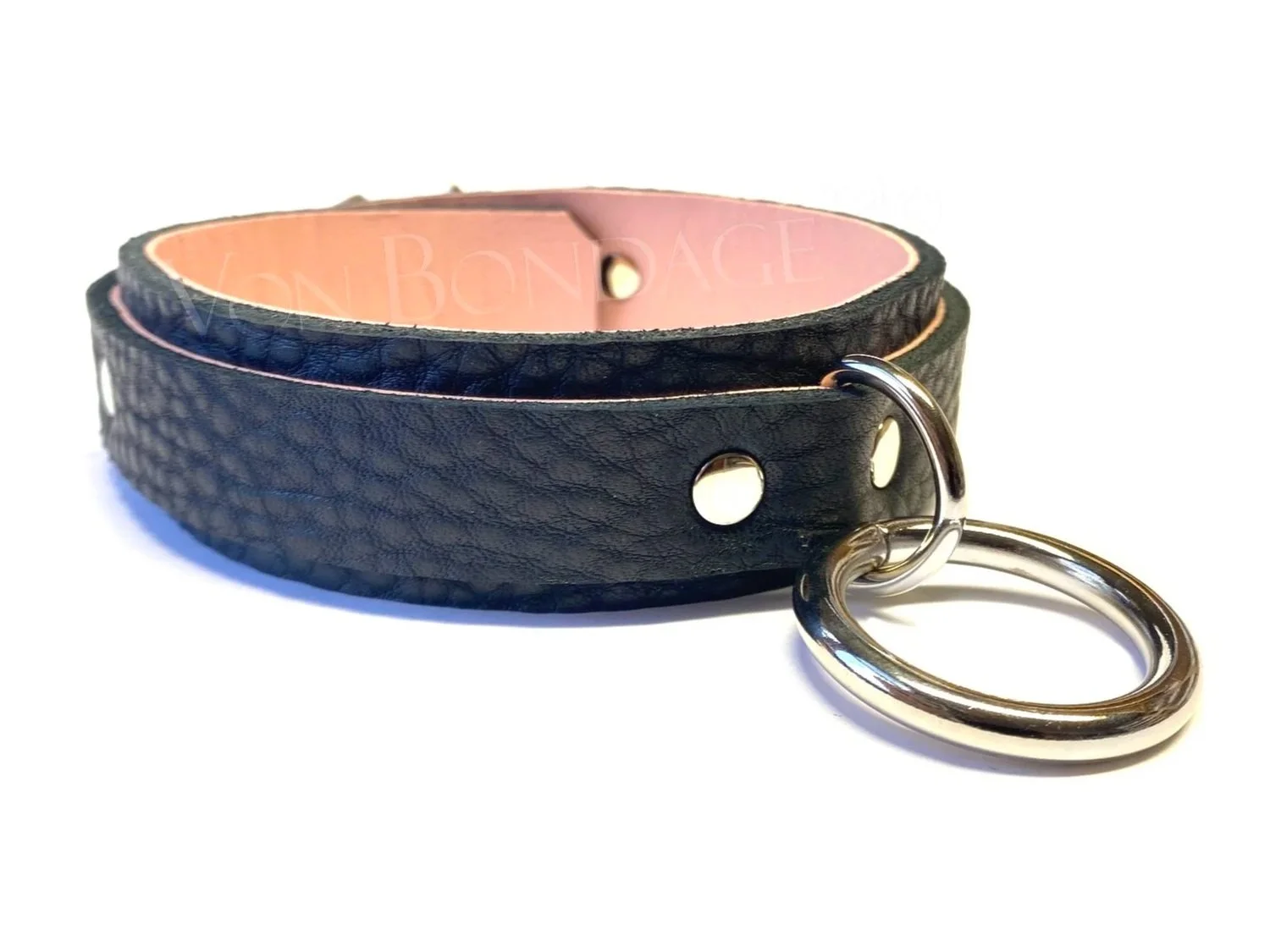 Black Bullhide Leather BDSM Collar lined in Pink Lambskin with Large O-ring