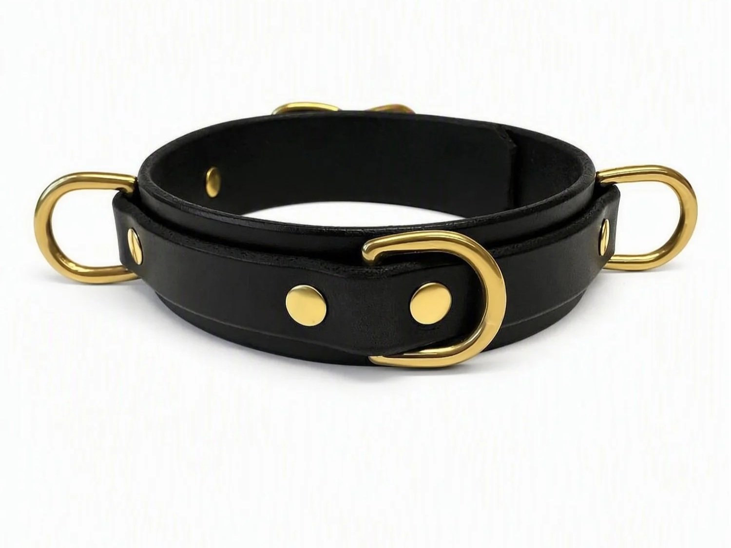 Black Latigo Leather Bondage Collar with 3 Brass D-rings