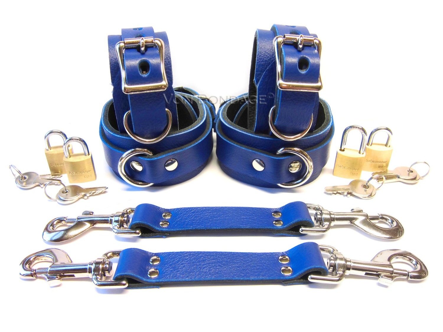 Blue Leather Bondage Restraints Set with pair of hogtie straps