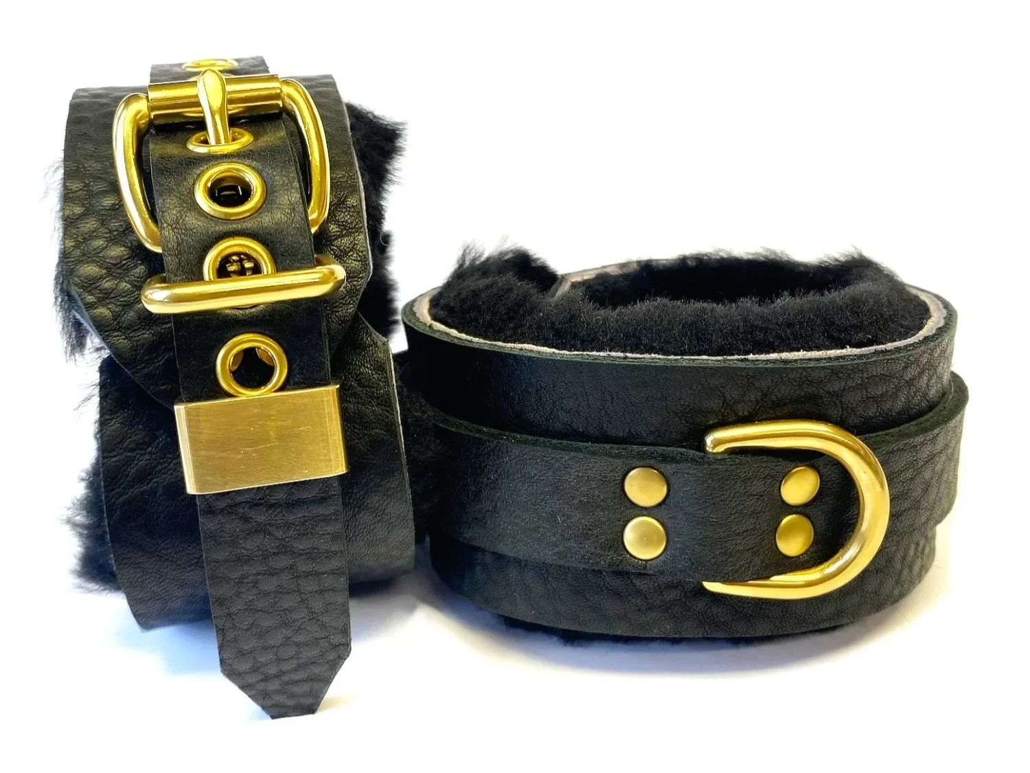 Black Sheepskin BDSM Cuffs with Solid Brass D-Rings