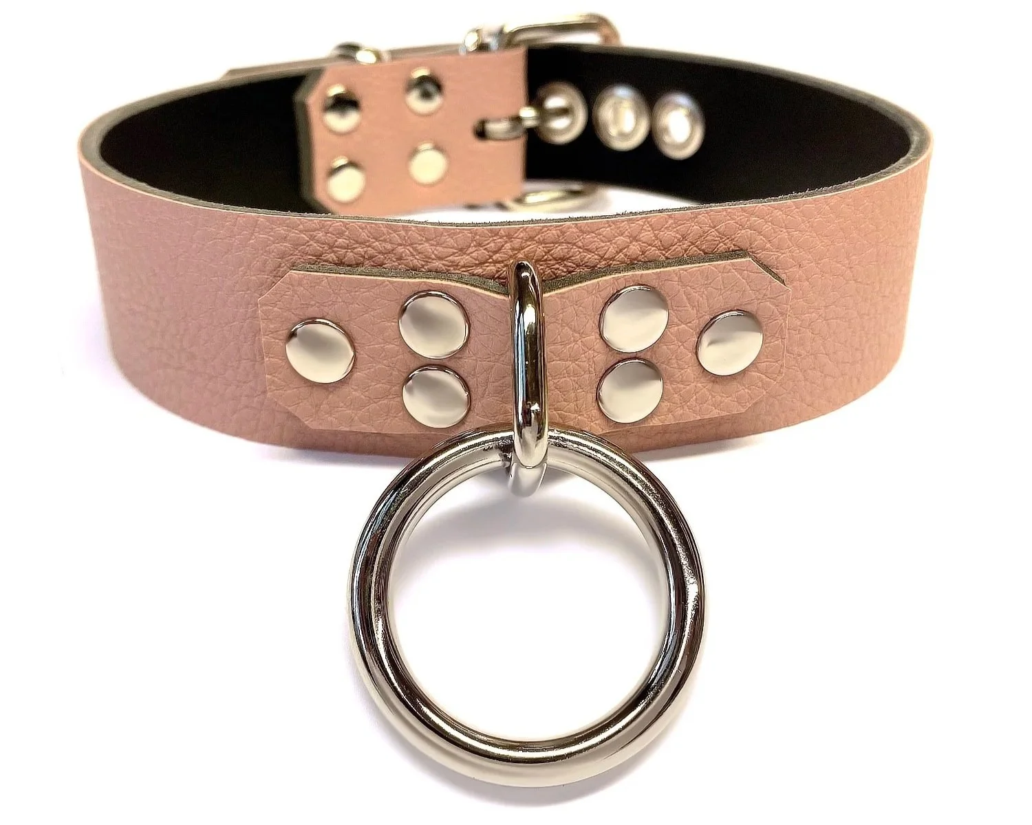 Pink Faux Leather Bondage Collar with D&O Ring 6 rivet strap