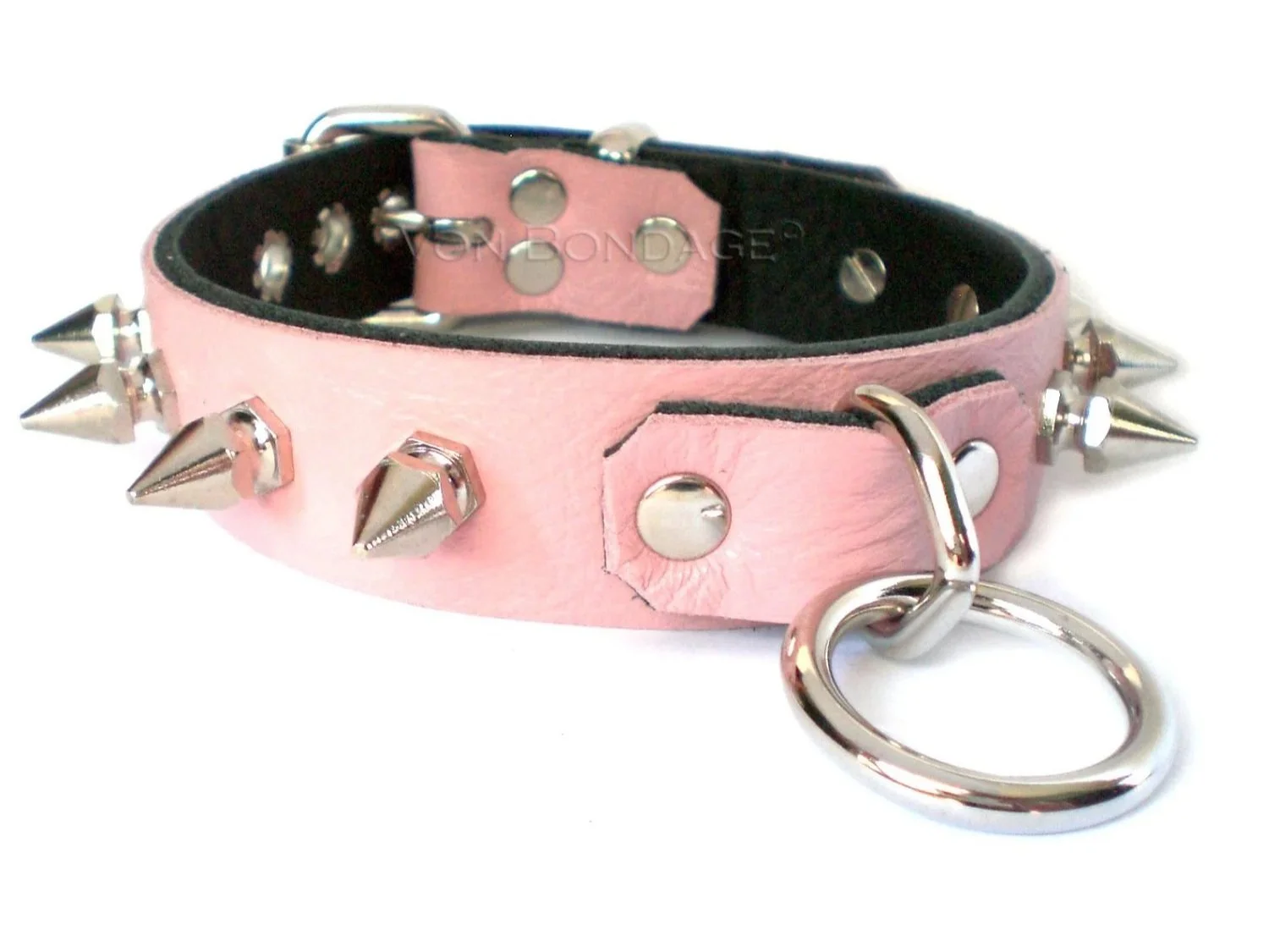 Pink Spiked Leather Kink Collar with Bondage Ring