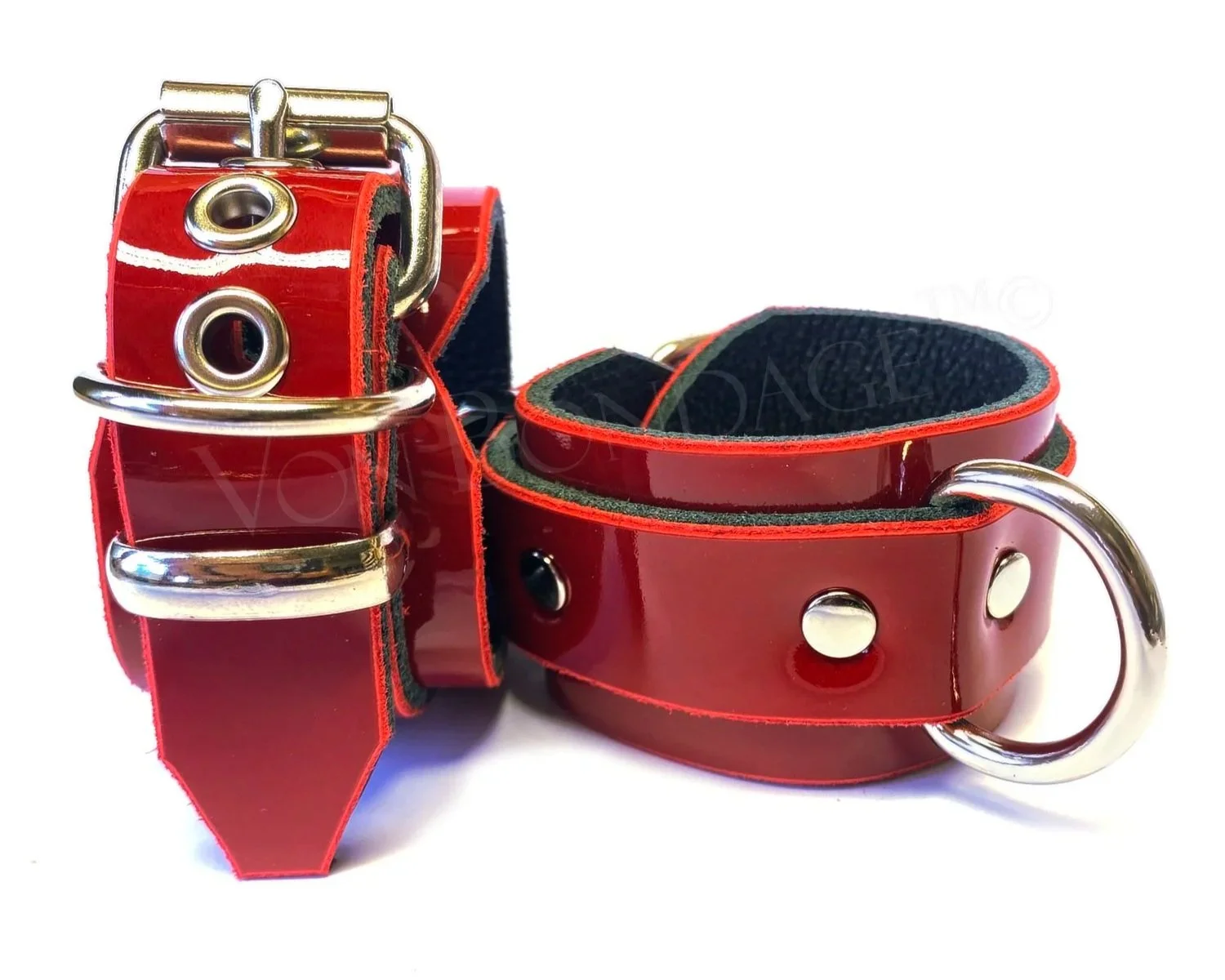 Pair BDSM Restraints in Red Patent Leather 1" Dee Rings