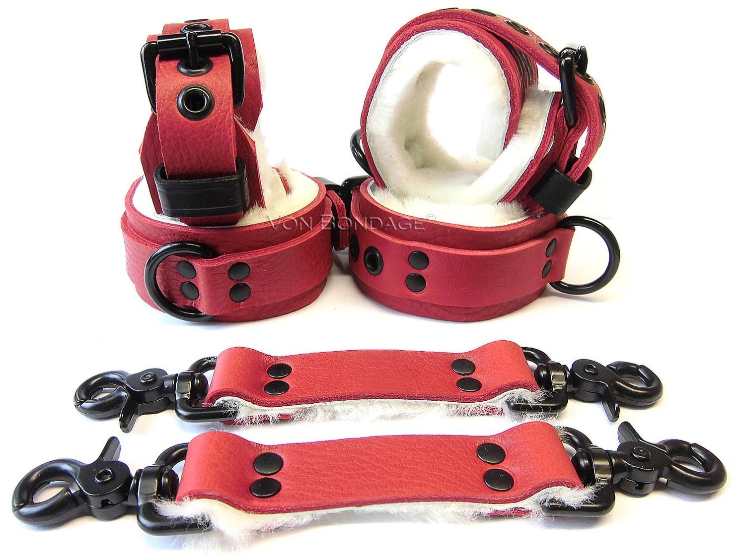 red & white Sheepskin BDSM Restraints Set with Black D-rings & Straps