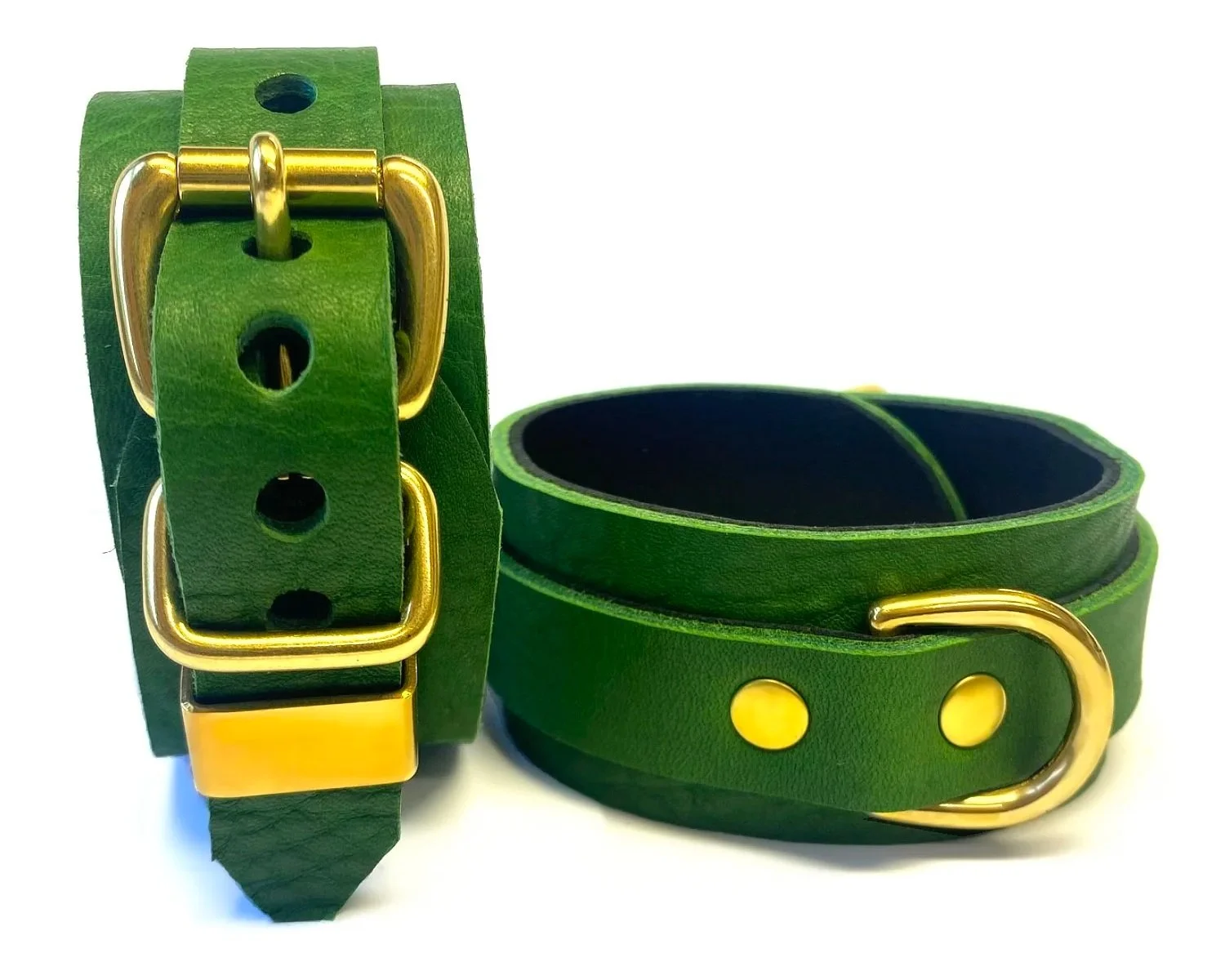 Green Leather Lockable Restraints in brass