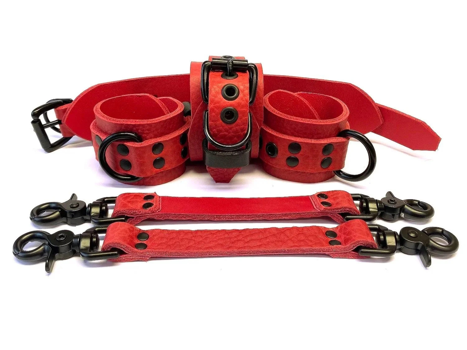 Red Bullhide Leather BDSM Restraints Set lined in Red Lambskin with pair of straps and black D-rings