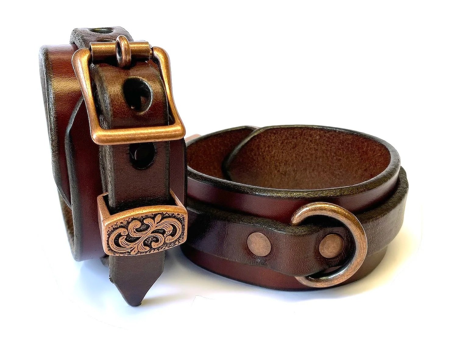 Brown Leather BDSM Restraints with Copper D-rings and fancy keepers