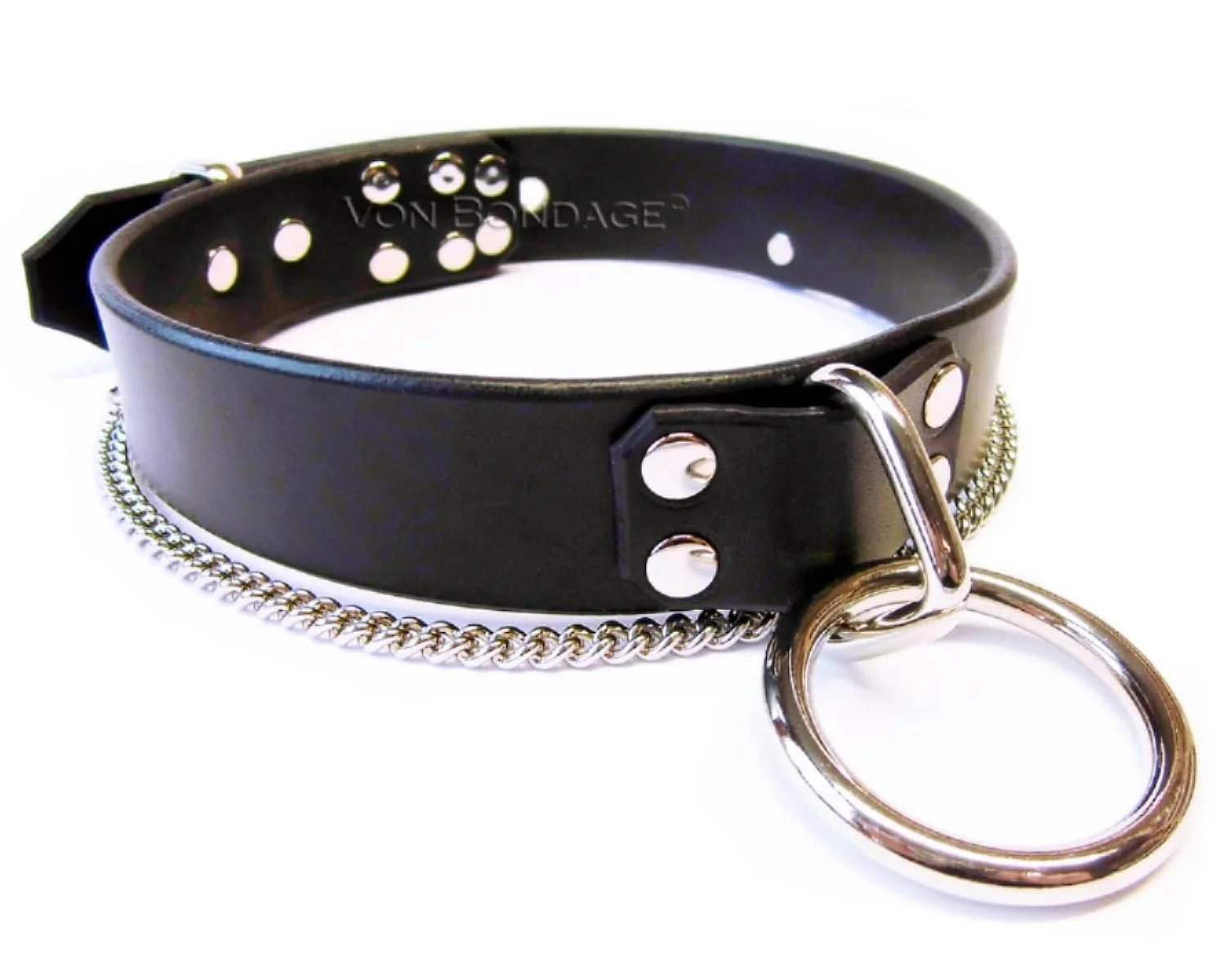 Black Latigo Leather BDSM Collar with Large Bondage Ring and Chain
