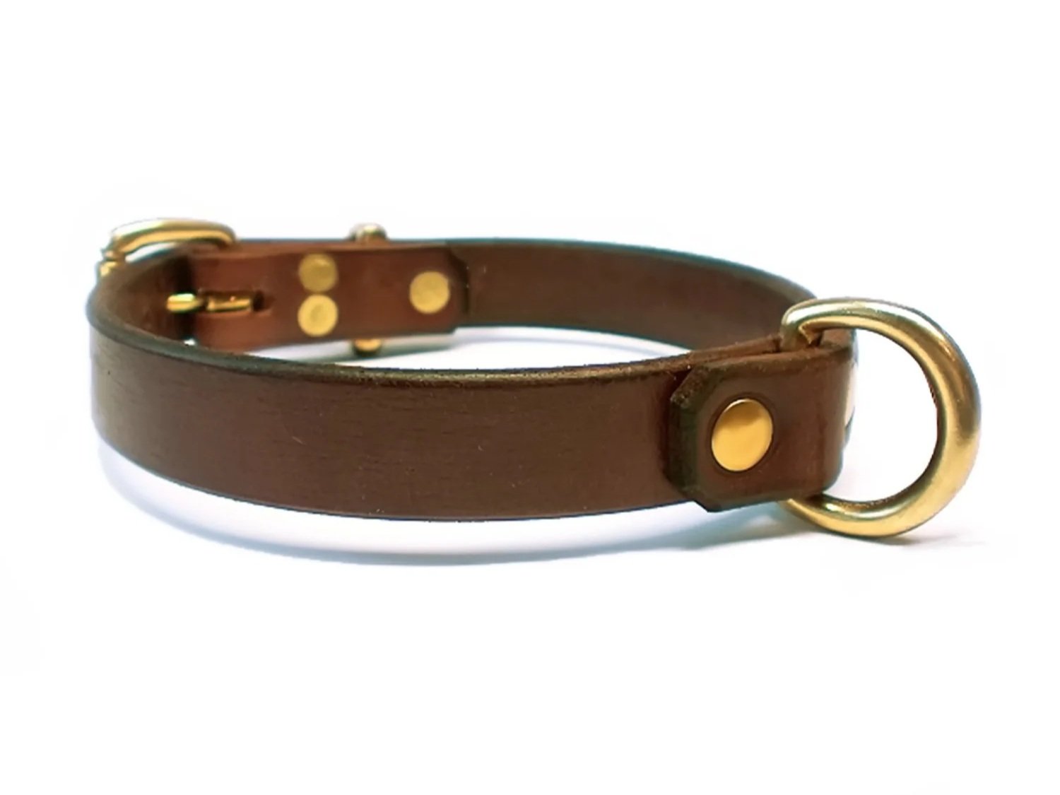 brown leather submissive collar with brass d-ring